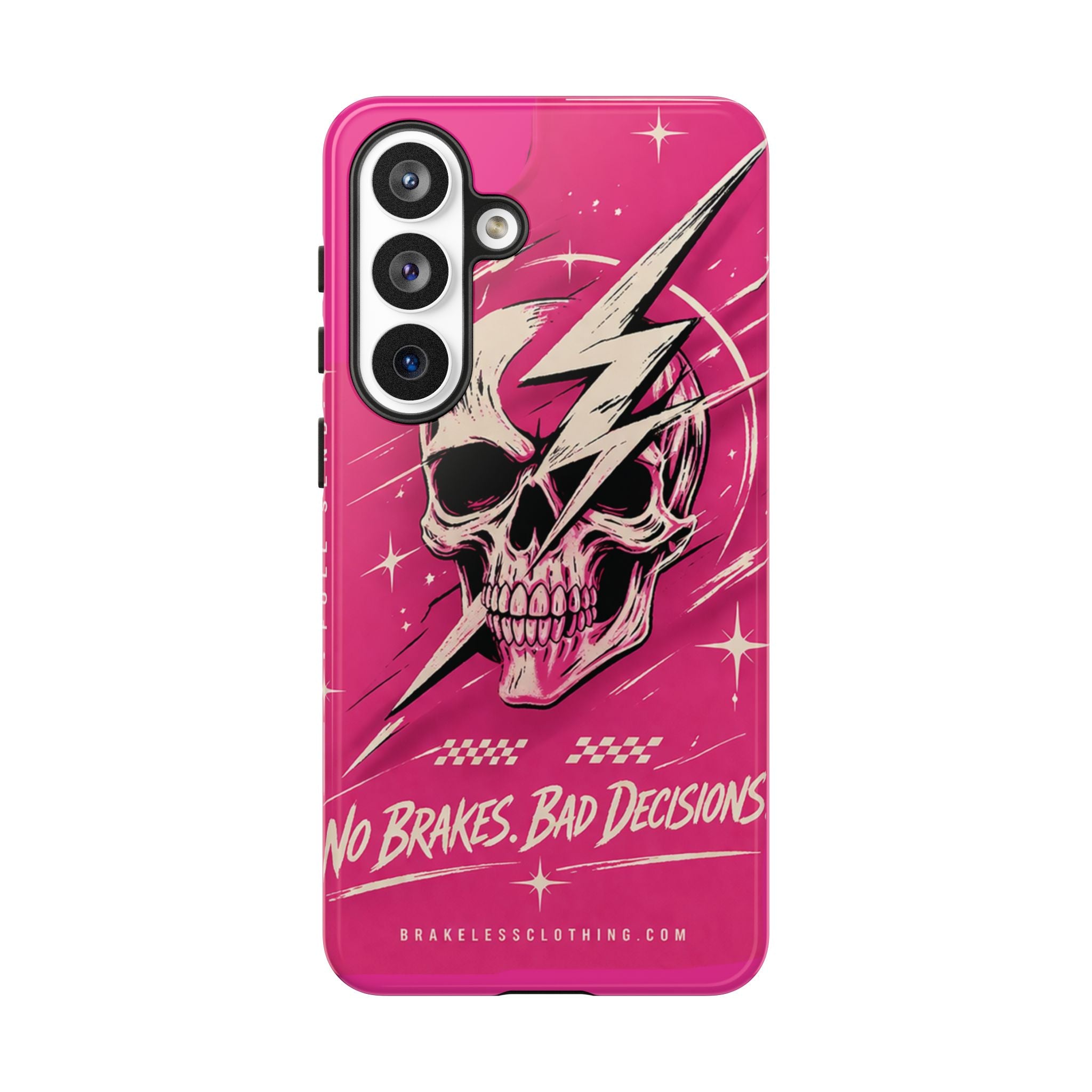 Pink Lightning Skull Phone Case – “No Brakes, Bad Decisions” Protective Cover