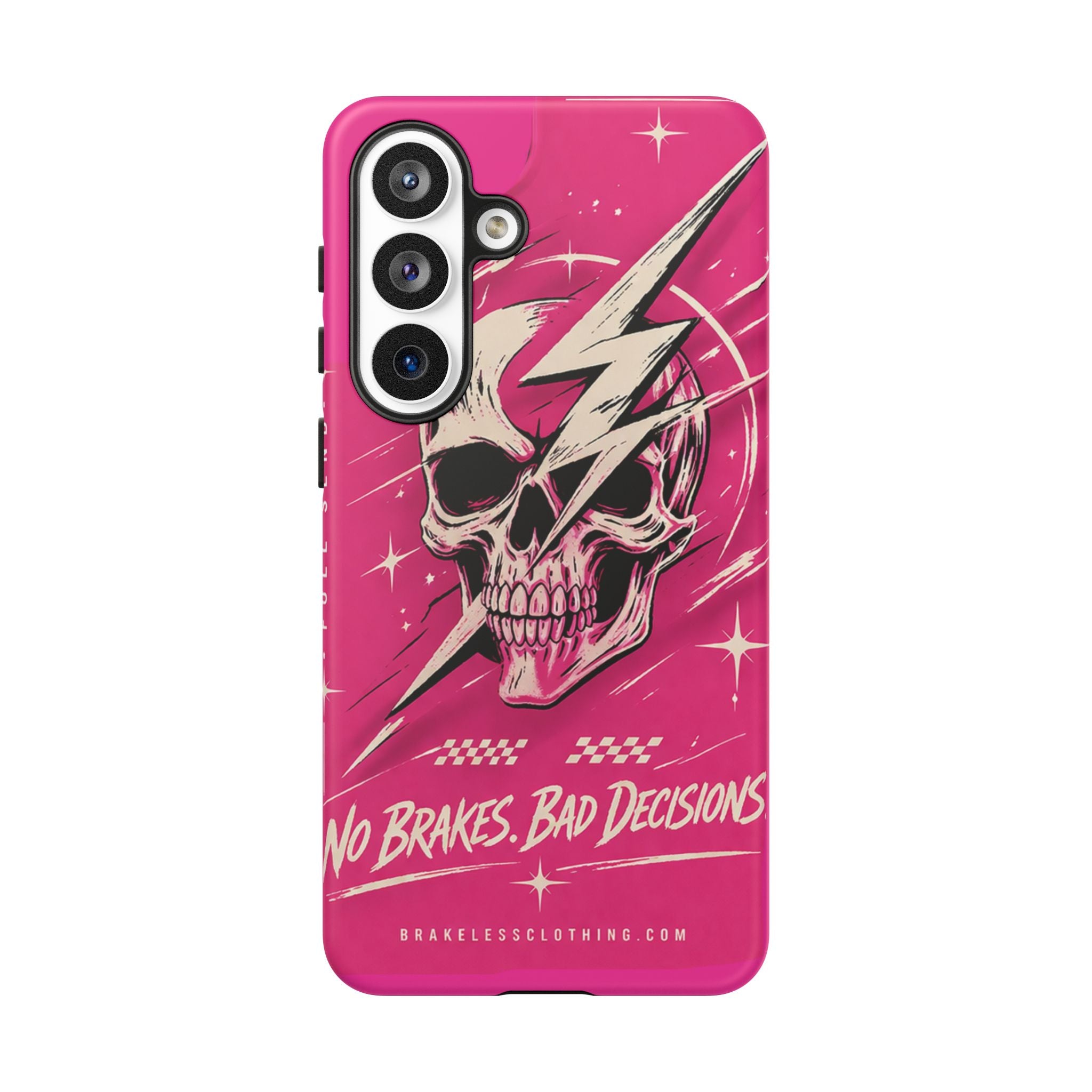 Pink Lightning Skull Phone Case – “No Brakes, Bad Decisions” Protective Cover