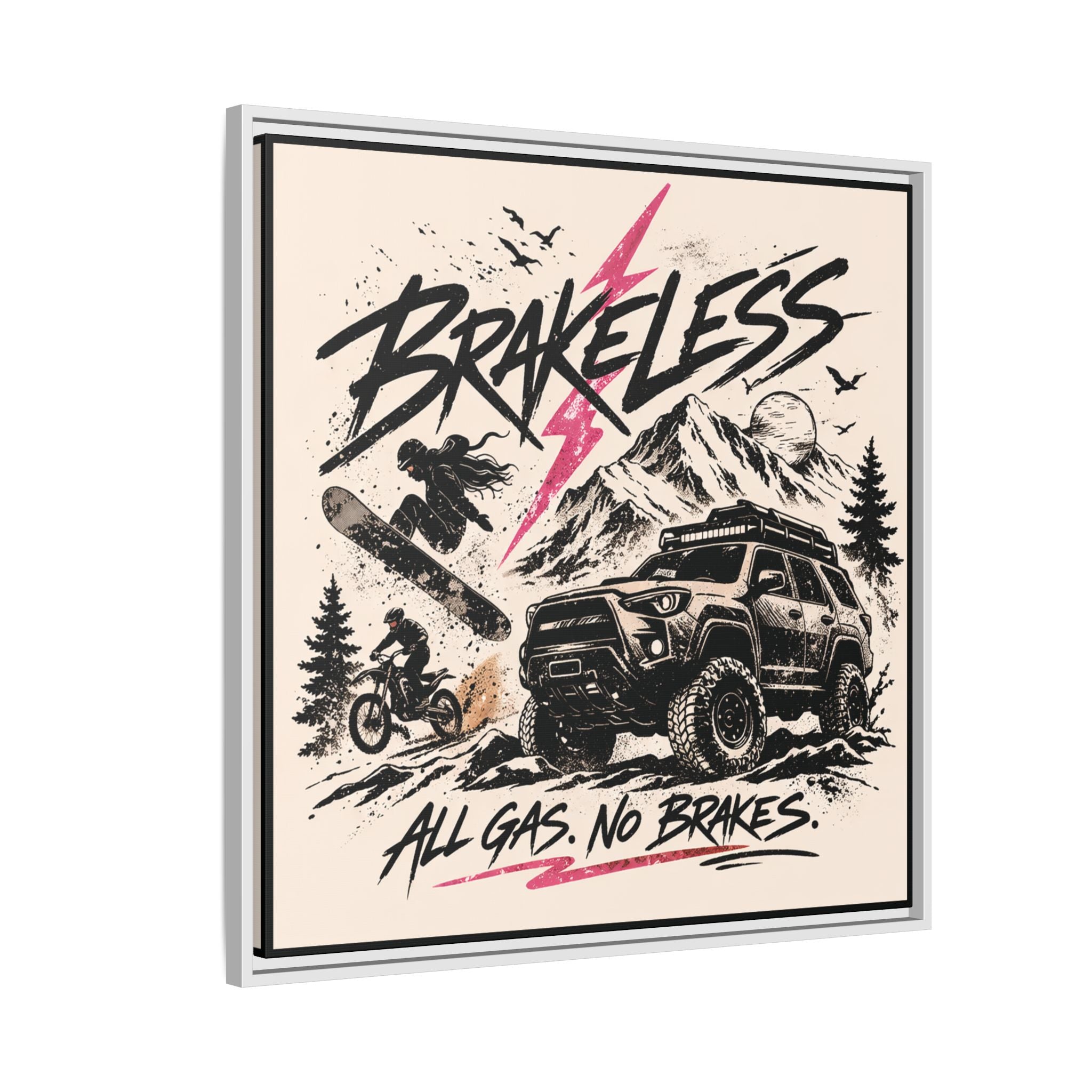 BRAKELESS ADRENALINE BABE Framed Matte Canvas – "Brakeless: All Gas, No Brakes" Off‑Road Adventure Print