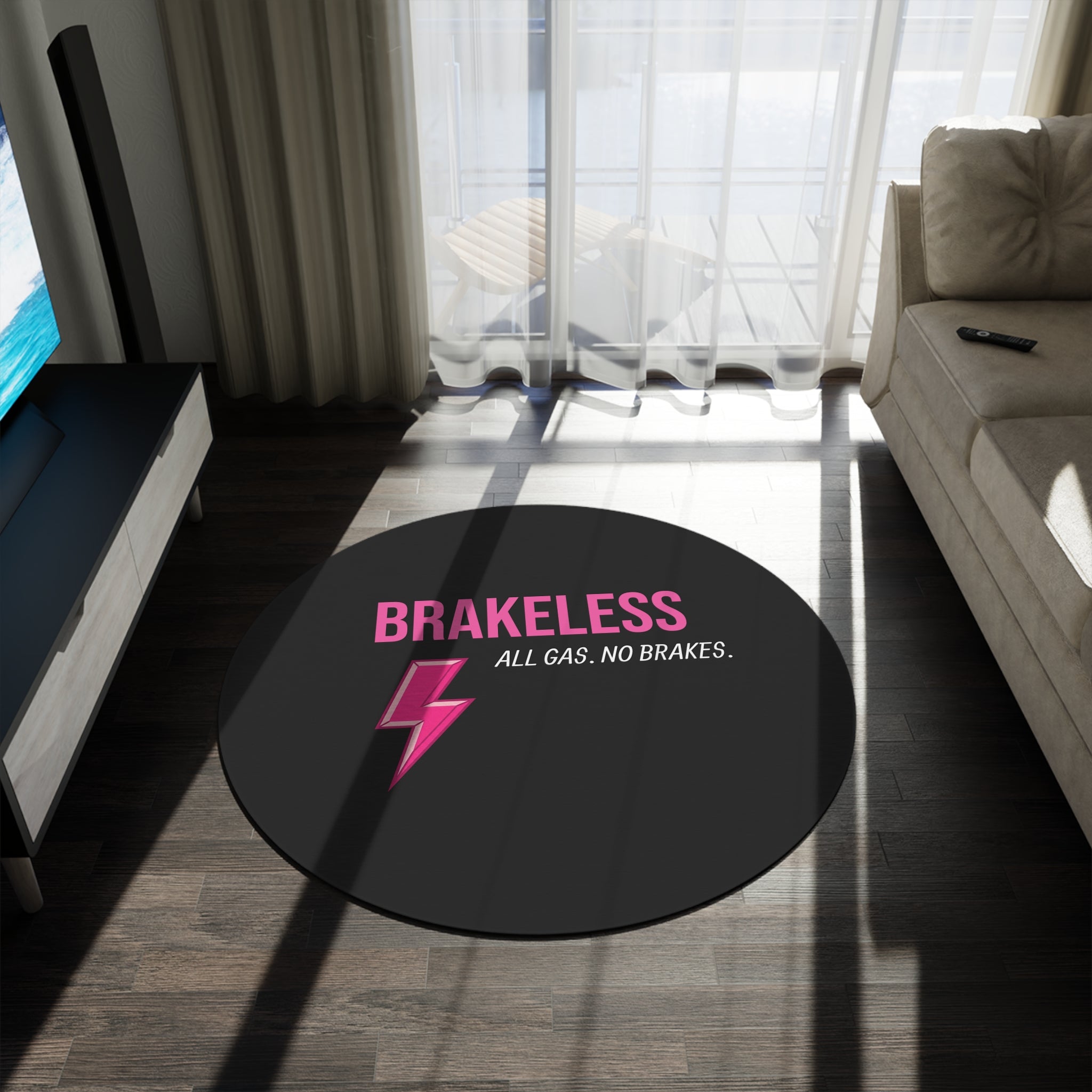 Brakeless Round Rug — 'All Gas, No Brakes' Pink Lightning Accent Mat