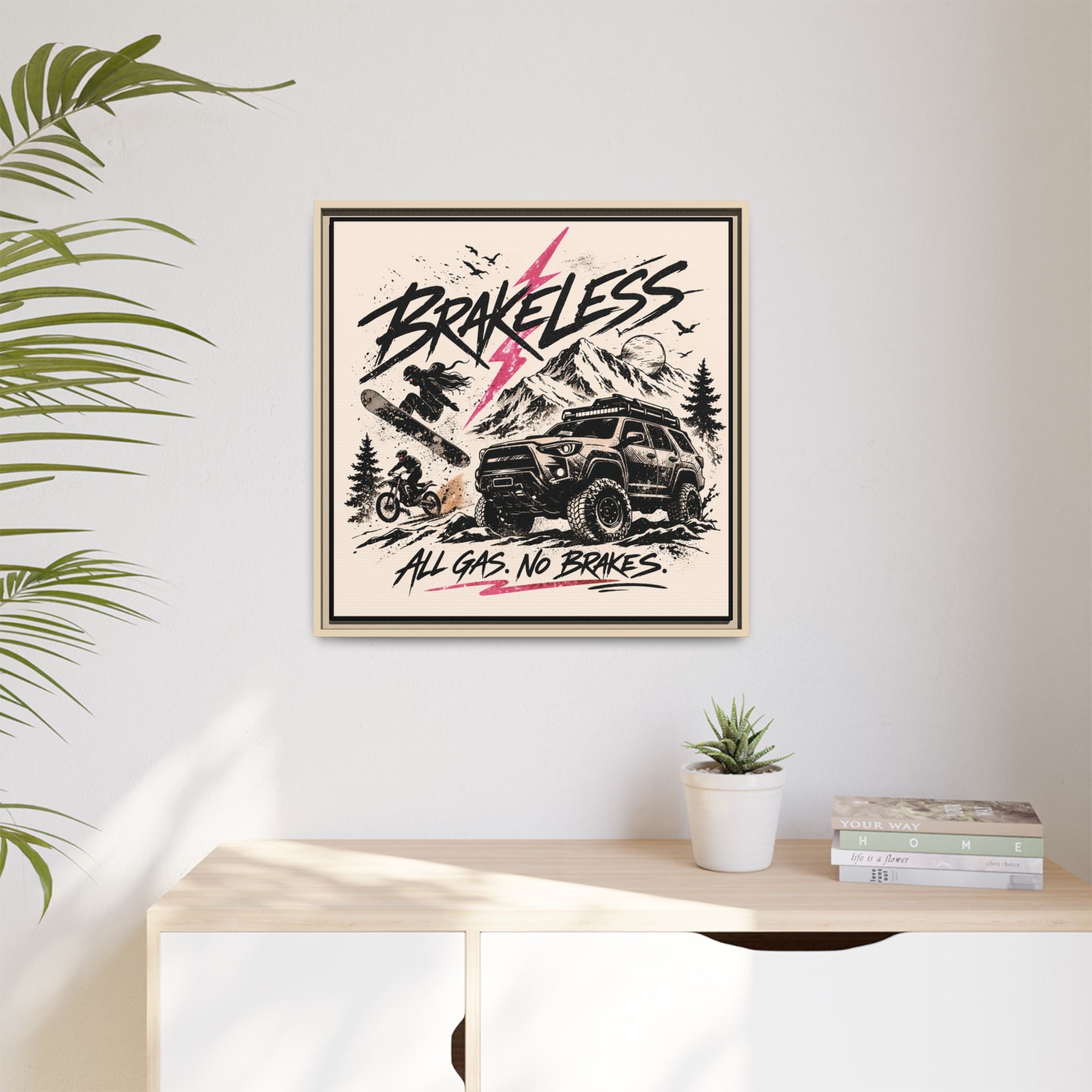 BRAKELESS ADRENALINE BABE Framed Matte Canvas – "Brakeless: All Gas, No Brakes" Off‑Road Adventure Print