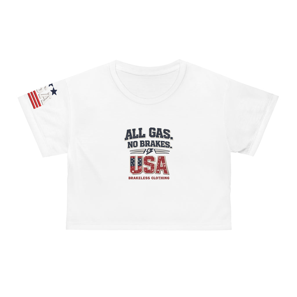 BRAKELESS Patriotic Crop Tee — "All Gas, No Brakes" USA Flag
