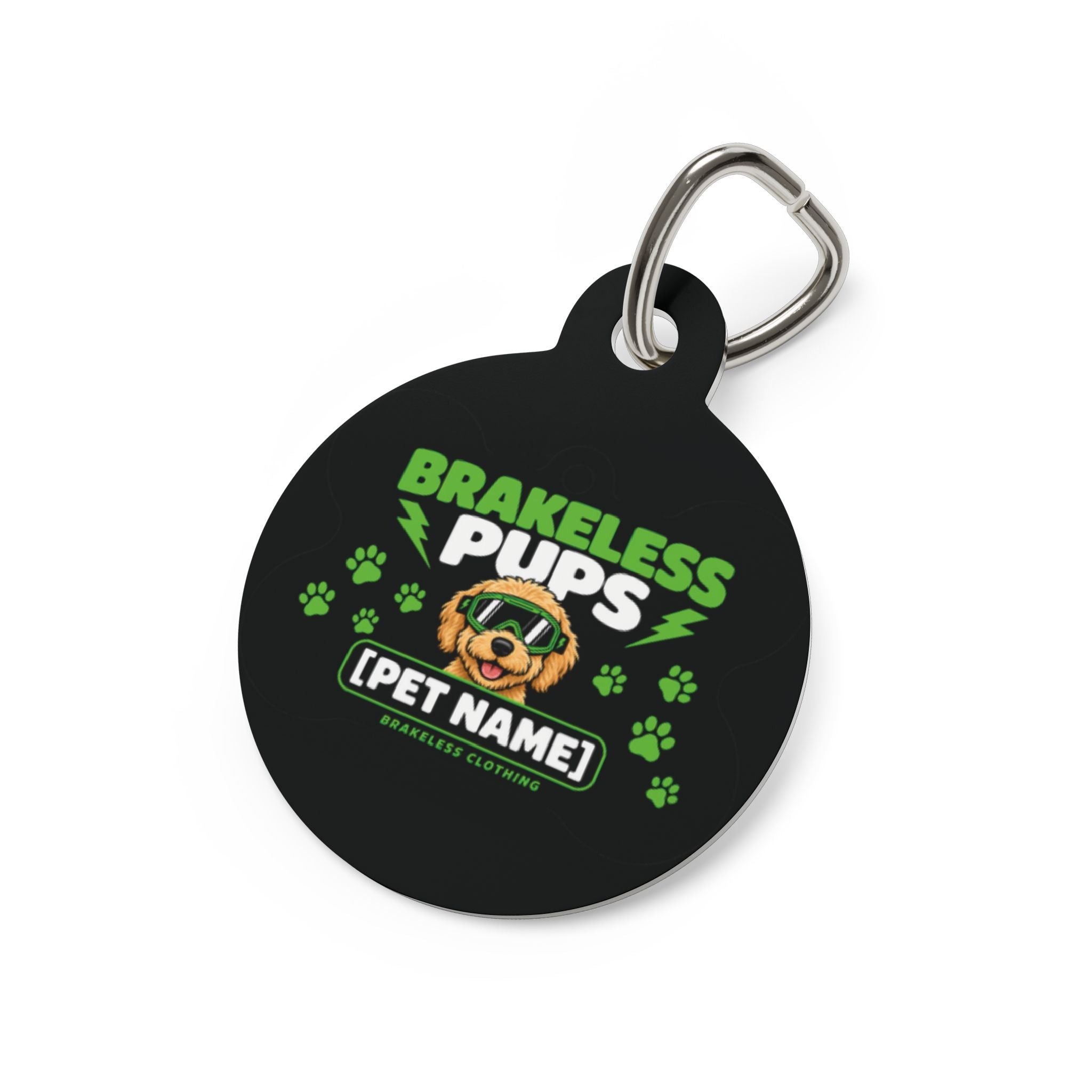 Brakeless Pups Personalized Bone Pet Tag — Custom Dog Name ID Tag - Green and Black