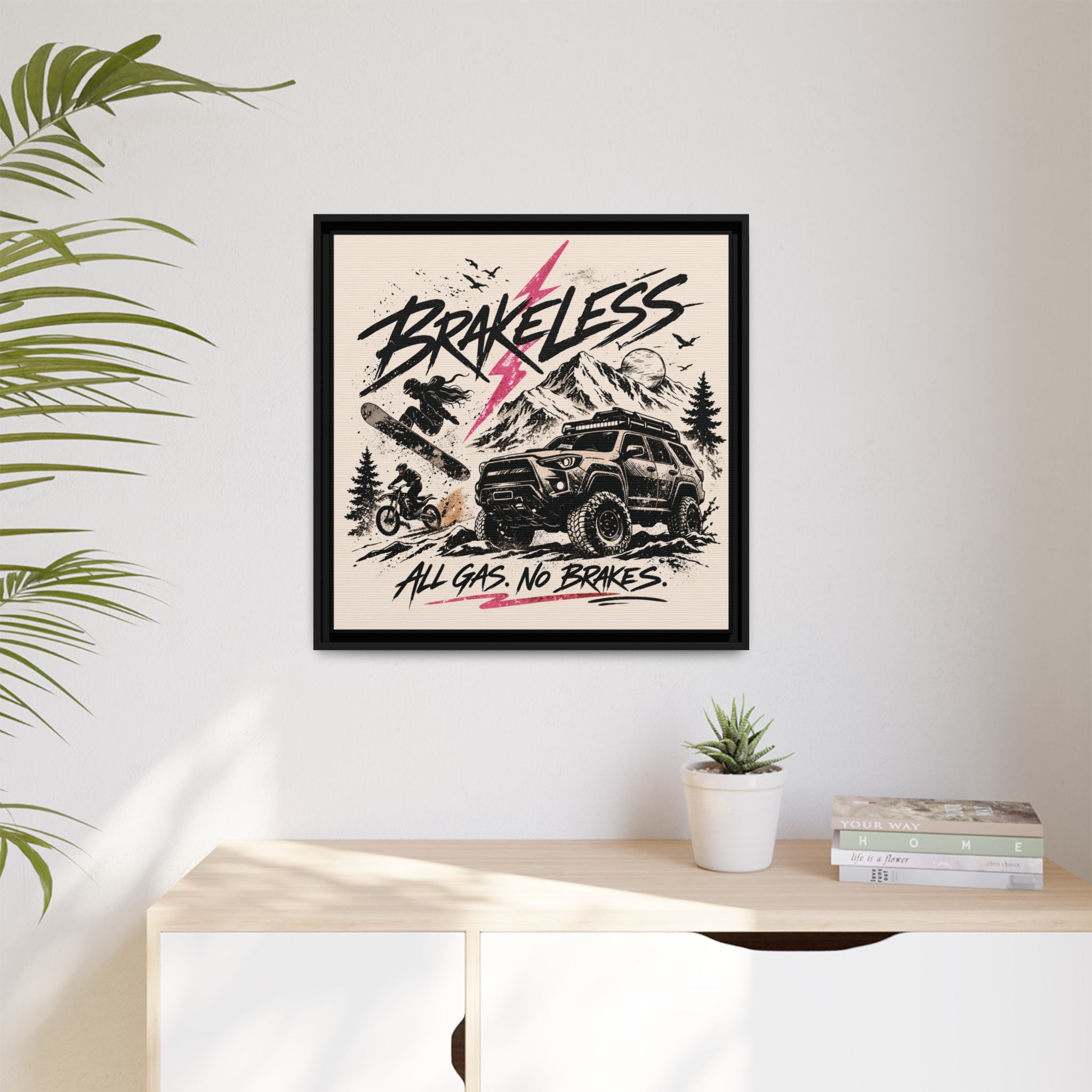 BRAKELESS ADRENALINE BABE Framed Matte Canvas – "Brakeless: All Gas, No Brakes" Off‑Road Adventure Print