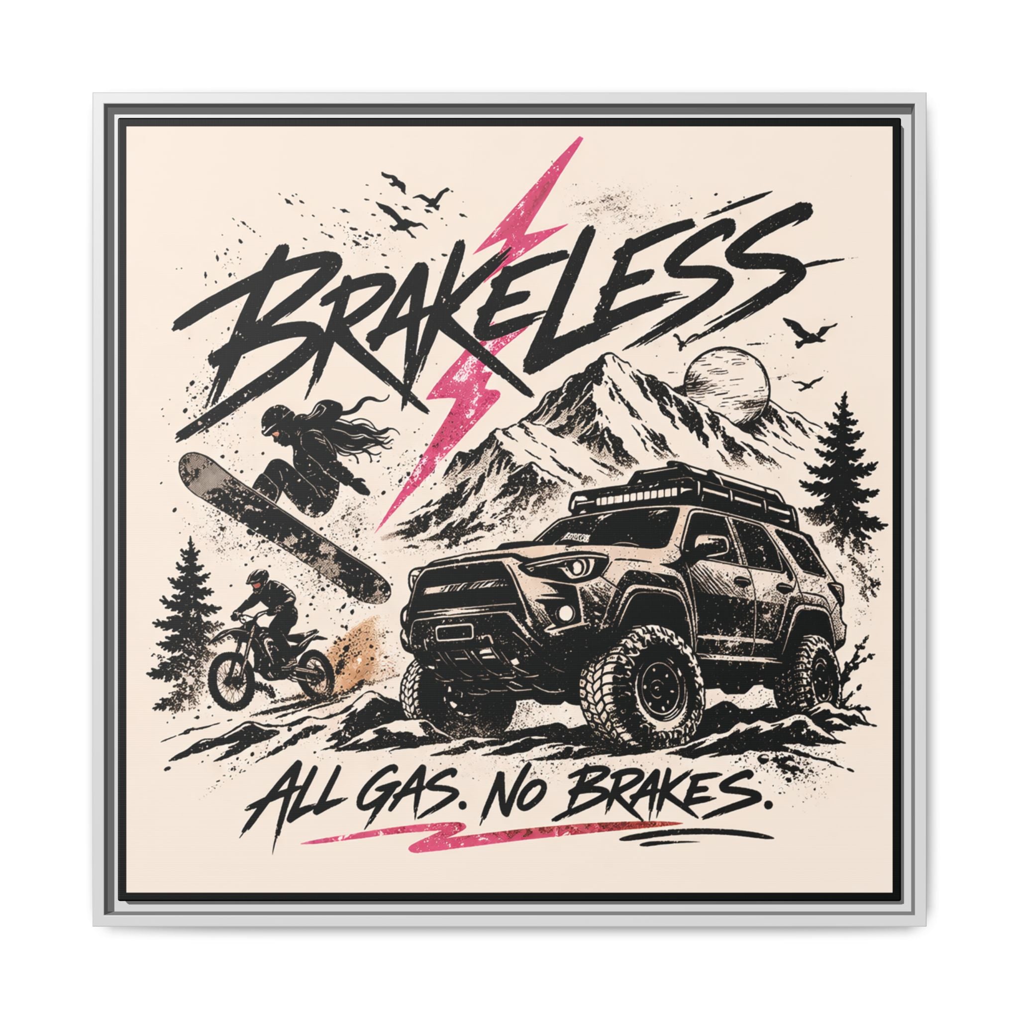 BRAKELESS ADRENALINE BABE Framed Matte Canvas – "Brakeless: All Gas, No Brakes" Off‑Road Adventure Print