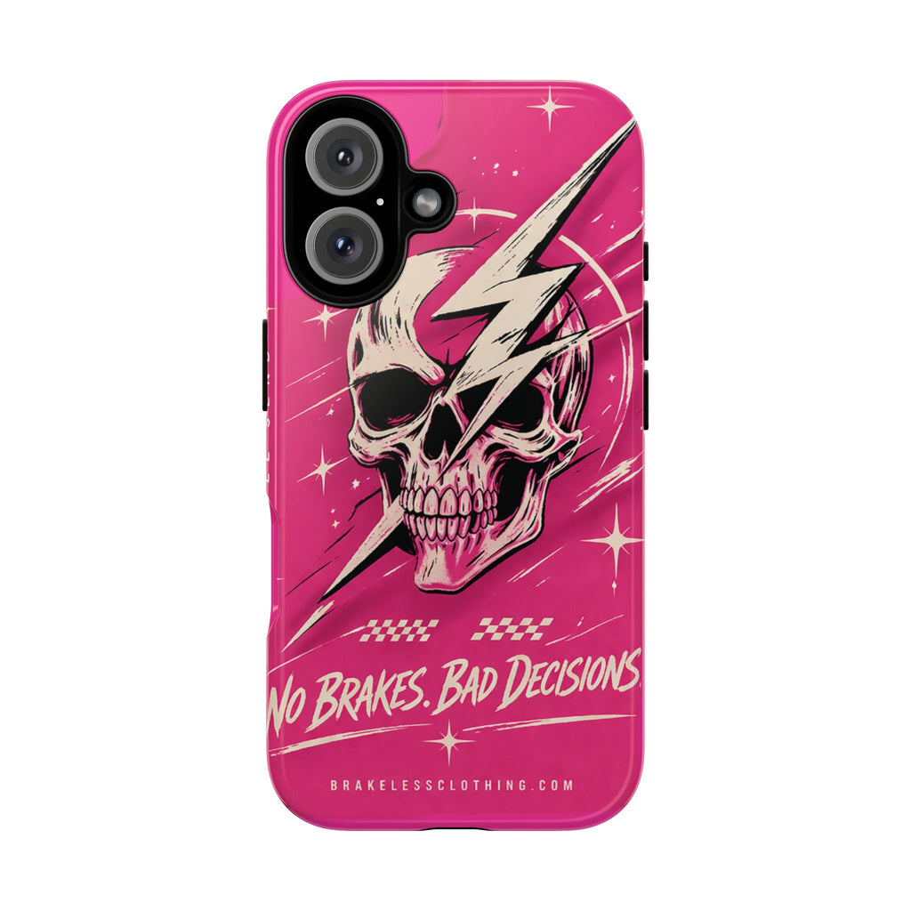 Pink Lightning Skull Phone Case – “No Brakes, Bad Decisions” Protective Cover