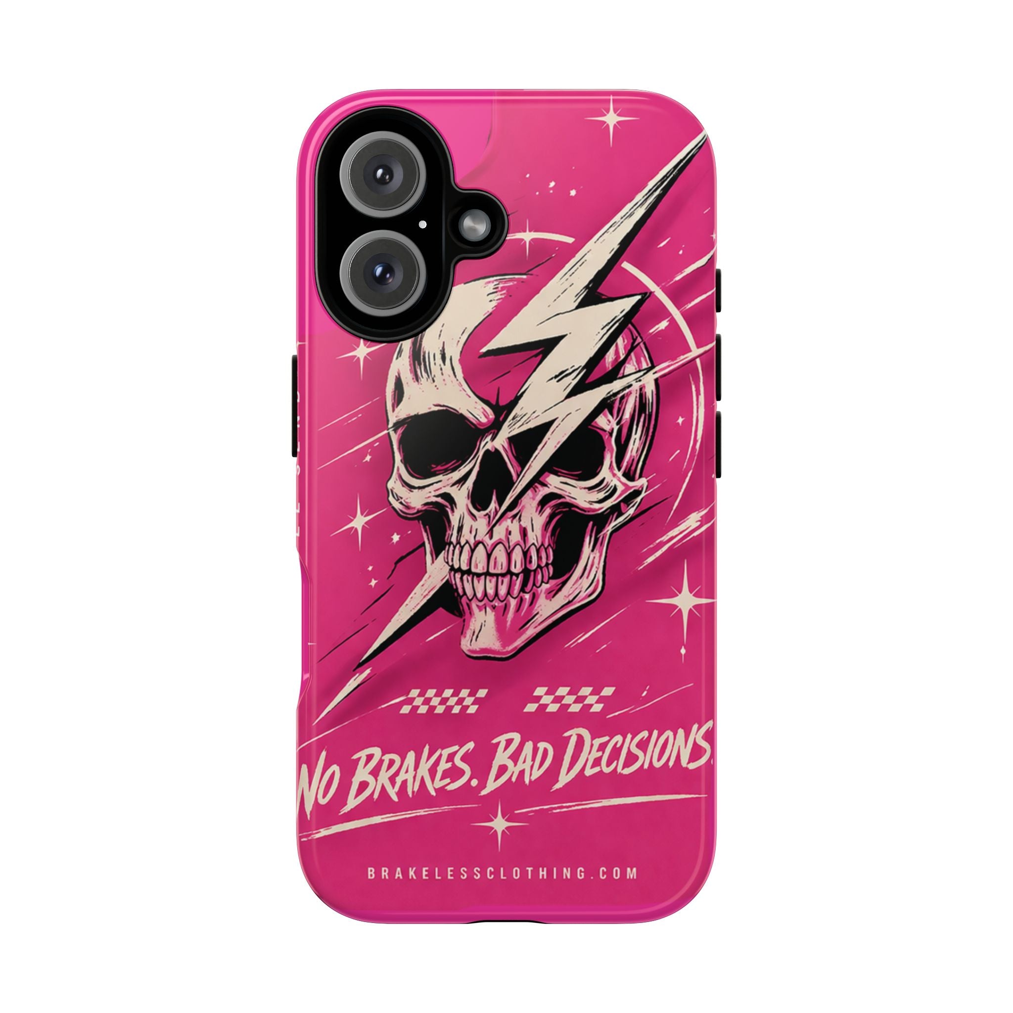 Pink Lightning Skull Phone Case – “No Brakes, Bad Decisions” Protective Cover