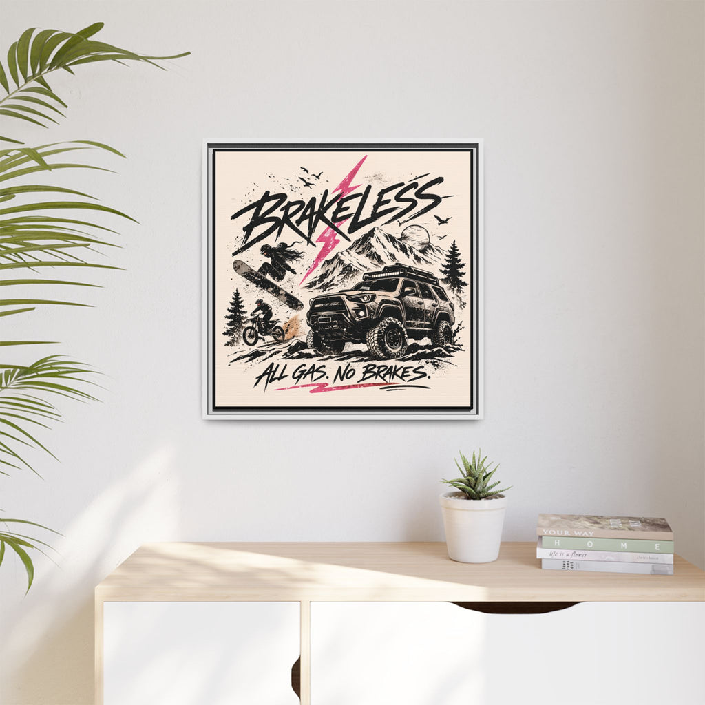 BRAKELESS ADRENALINE BABE Framed Matte Canvas – "Brakeless: All Gas, No Brakes" Off‑Road Adventure Print