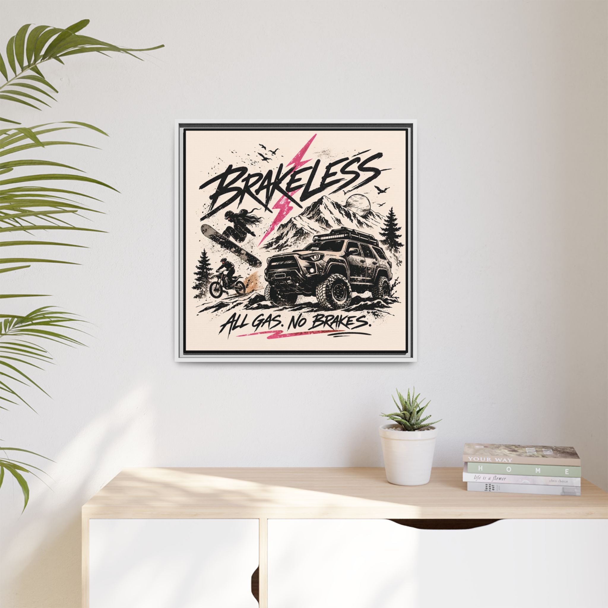 BRAKELESS ADRENALINE BABE Framed Matte Canvas – "Brakeless: All Gas, No Brakes" Off‑Road Adventure Print