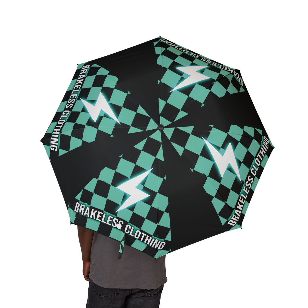 Foldable Umbrella — Brakeless Clothing Teal Checker Lightning Print, Semi-Automatic Compact Travel Umbrella