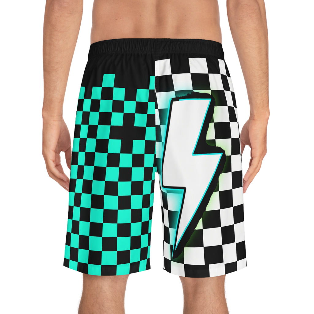 Checkerboard Lightning Board Shorts - Turquoise Black Skate Beach Swim Trunks