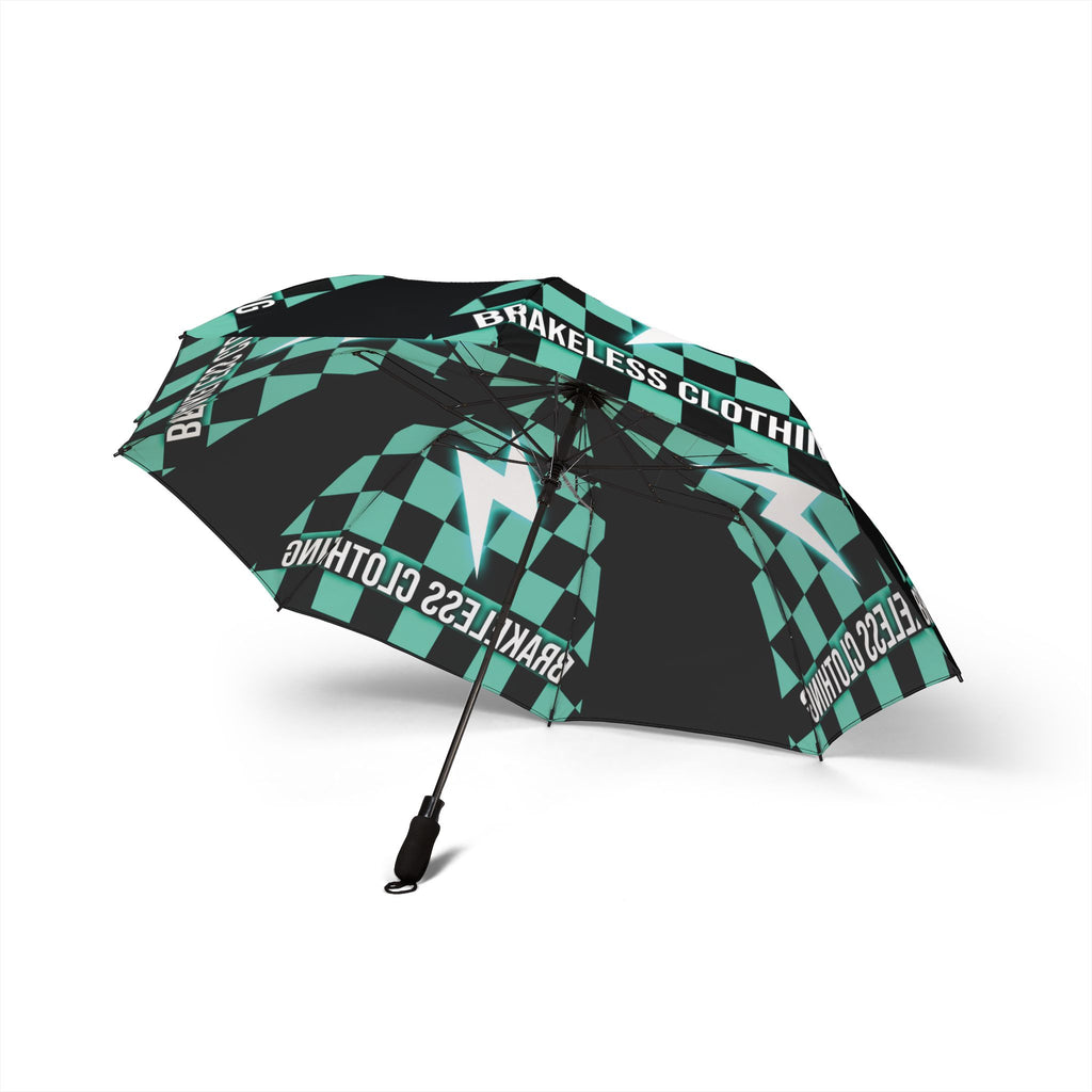 Foldable Umbrella — Brakeless Clothing Teal Checker Lightning Print, Semi-Automatic Compact Travel Umbrella