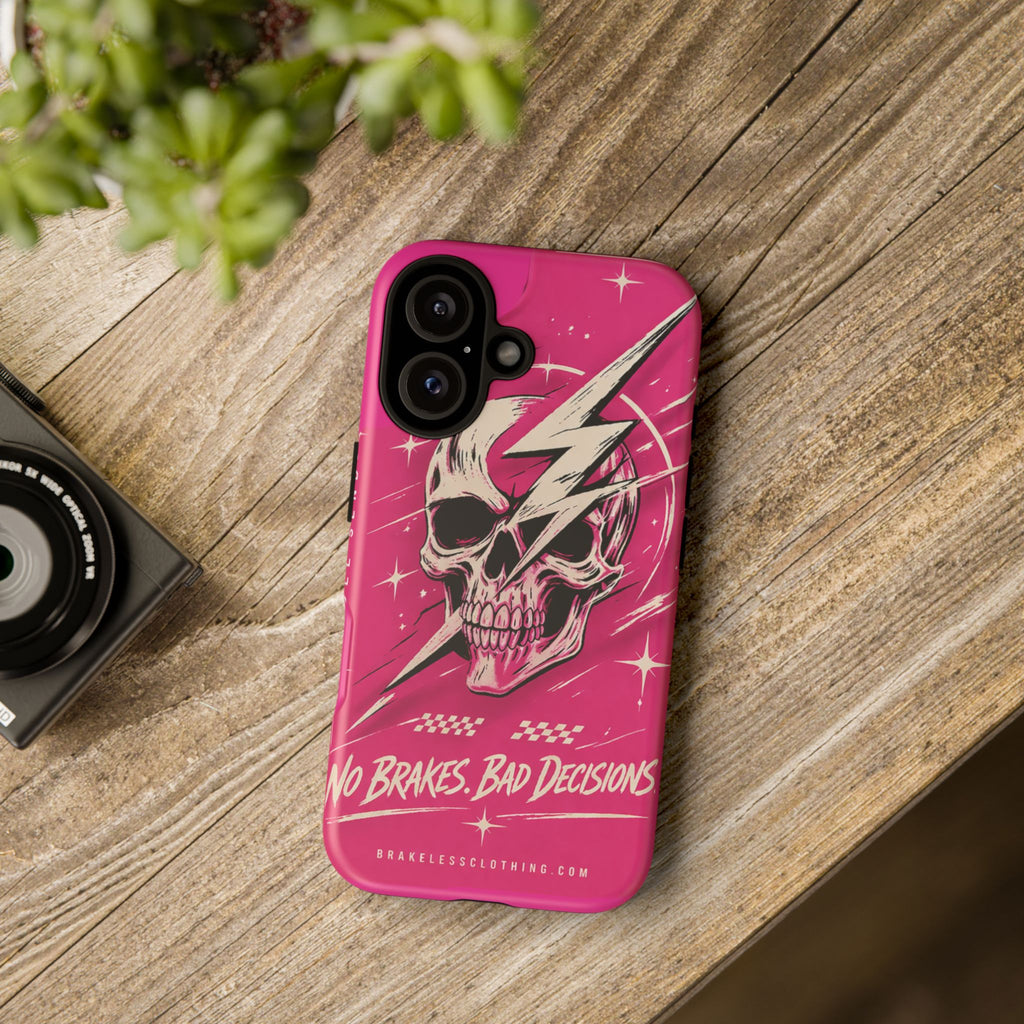 Pink Lightning Skull Phone Case – “No Brakes, Bad Decisions” Protective Cover