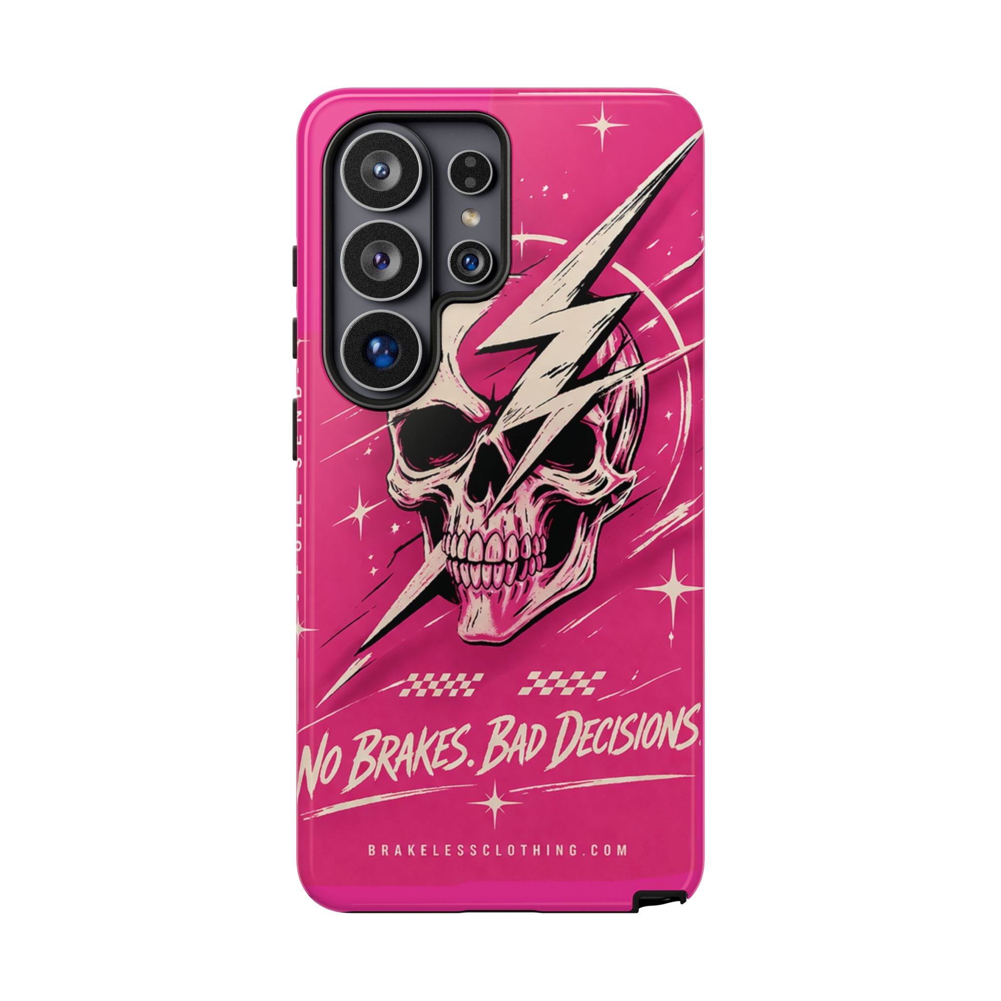 Pink Lightning Skull Phone Case – “No Brakes, Bad Decisions” Protective Cover