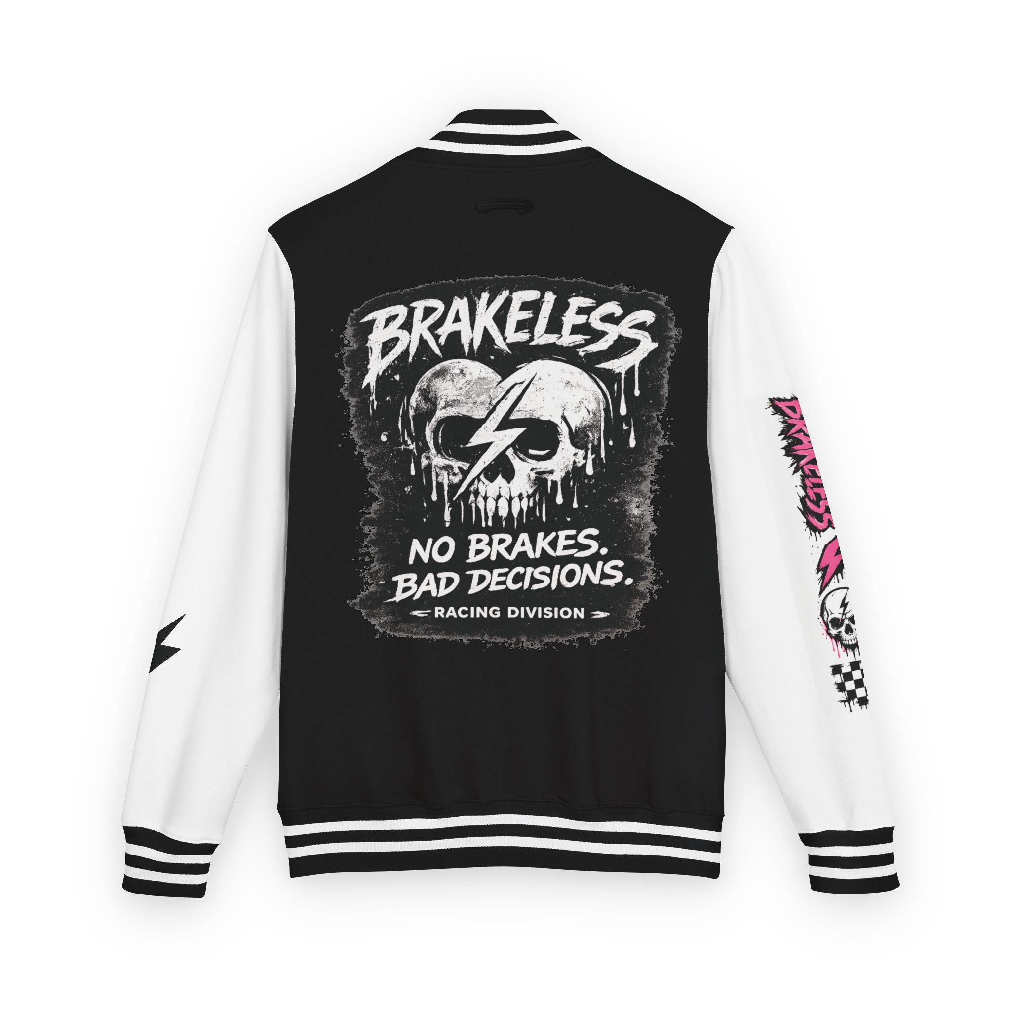 Letterman Jacket — Brakeless Skull “No Brakes. Bad Decisions.” Racing Varsity Jacket