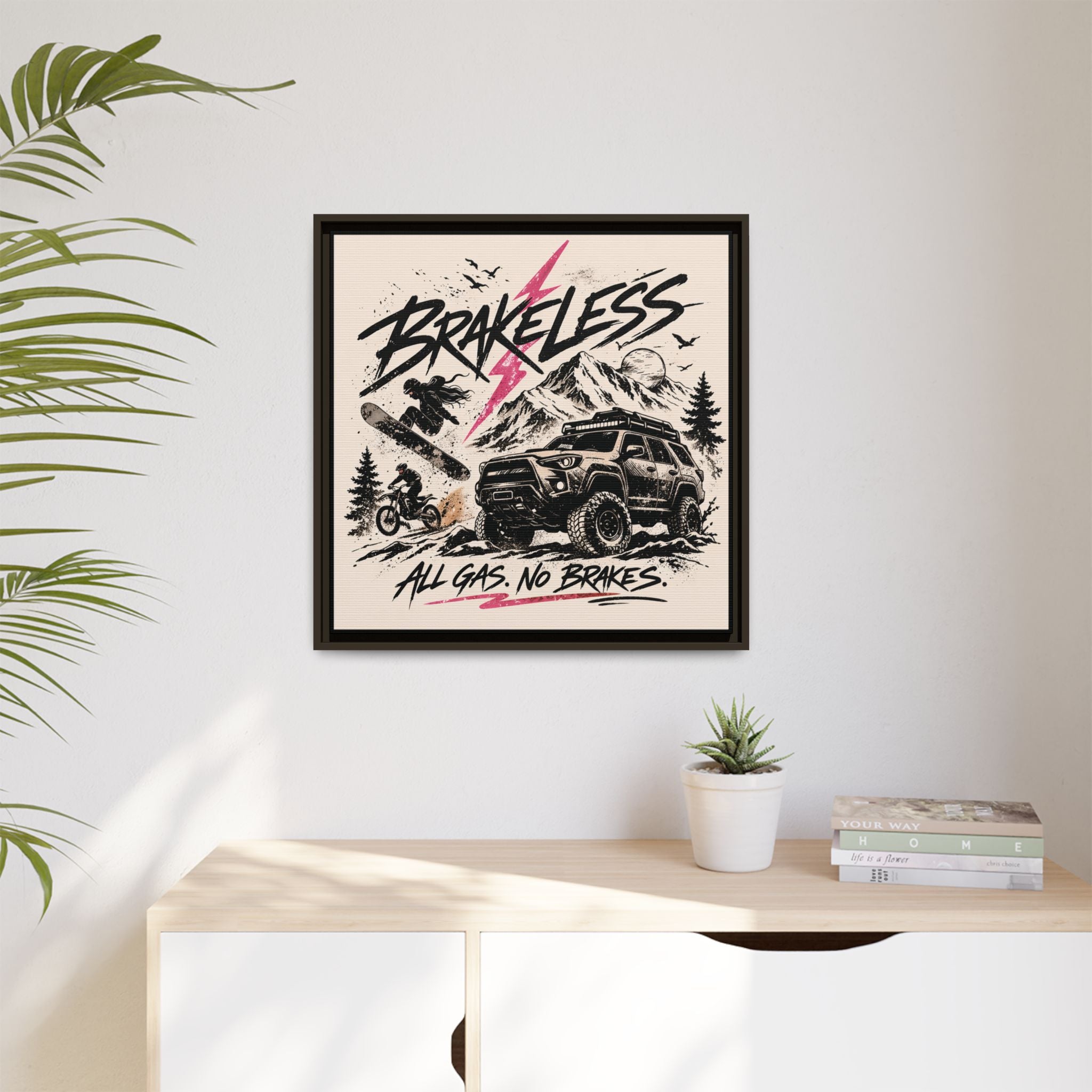 BRAKELESS ADRENALINE BABE Framed Matte Canvas – "Brakeless: All Gas, No Brakes" Off‑Road Adventure Print