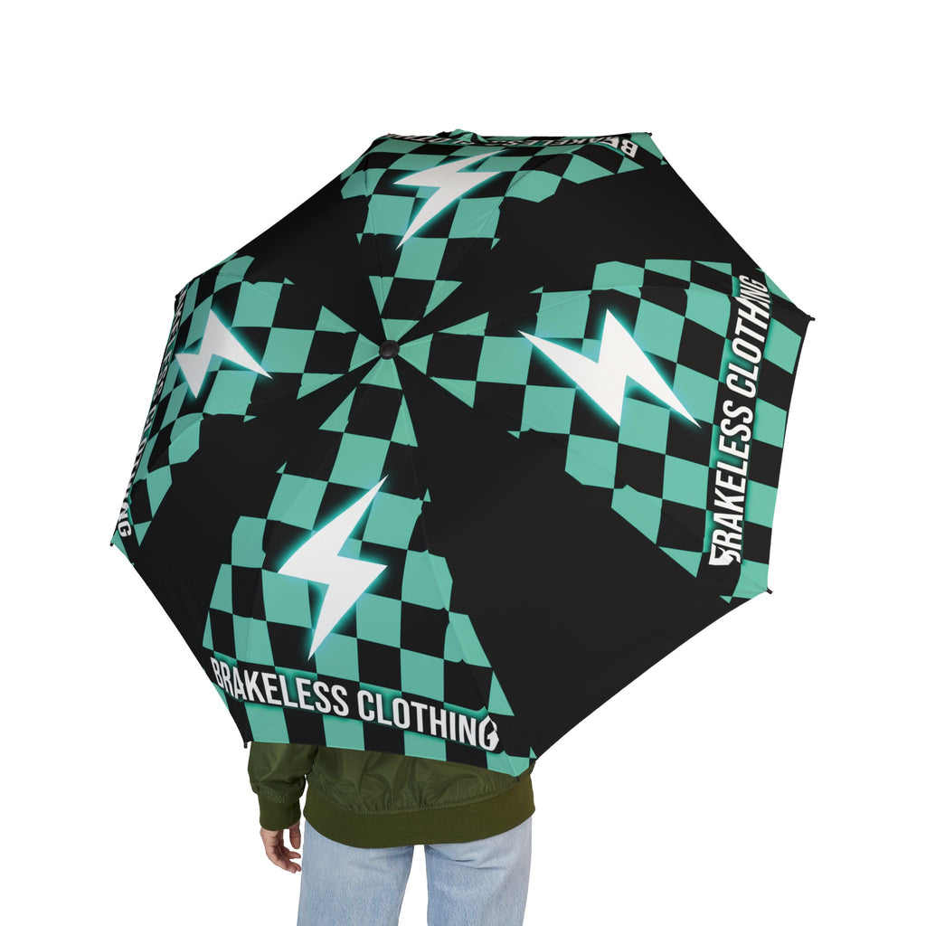 Foldable Umbrella — Brakeless Clothing Teal Checker Lightning Print, Semi-Automatic Compact Travel Umbrella