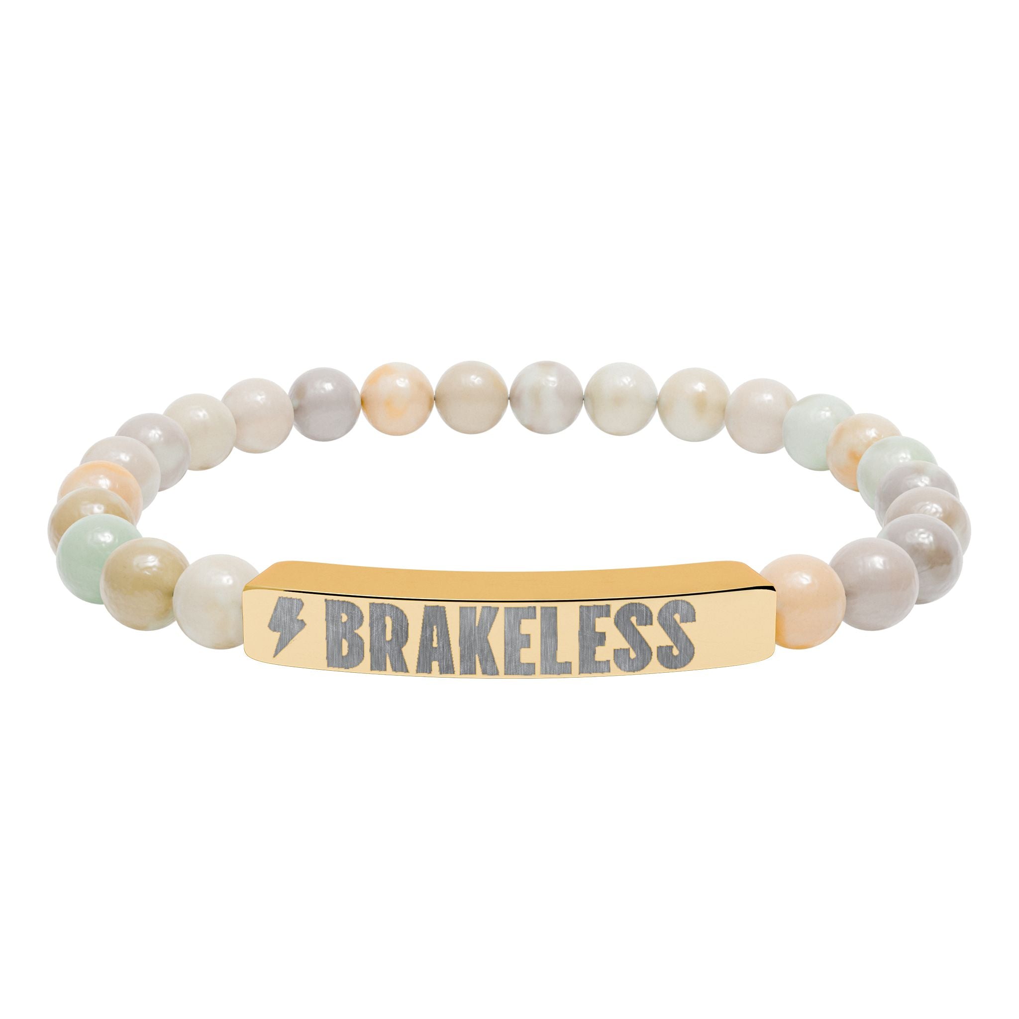 Engraved Natural Stone Stretch Bar Bracelet — 'BRAKELESS' Beaded Bracelet