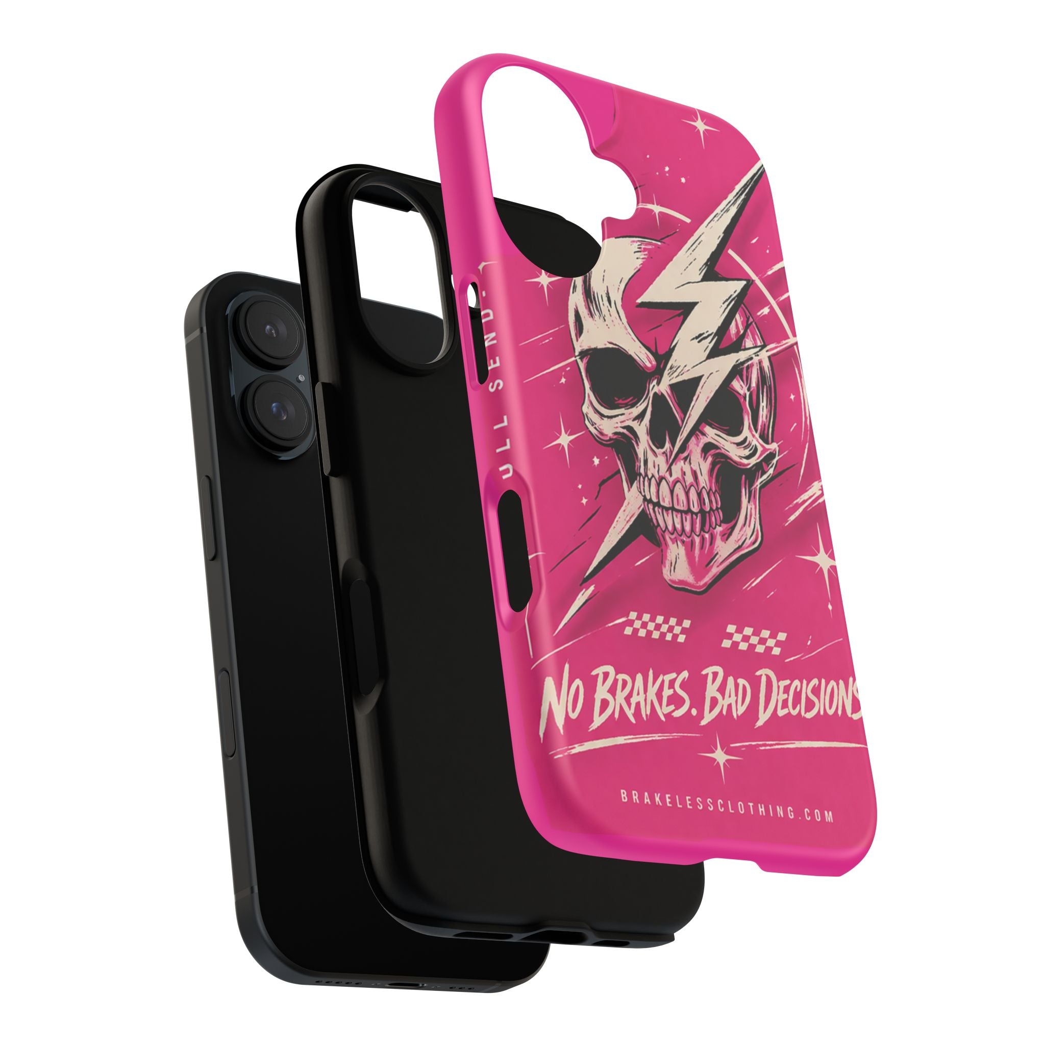 Pink Lightning Skull Phone Case – “No Brakes, Bad Decisions” Protective Cover