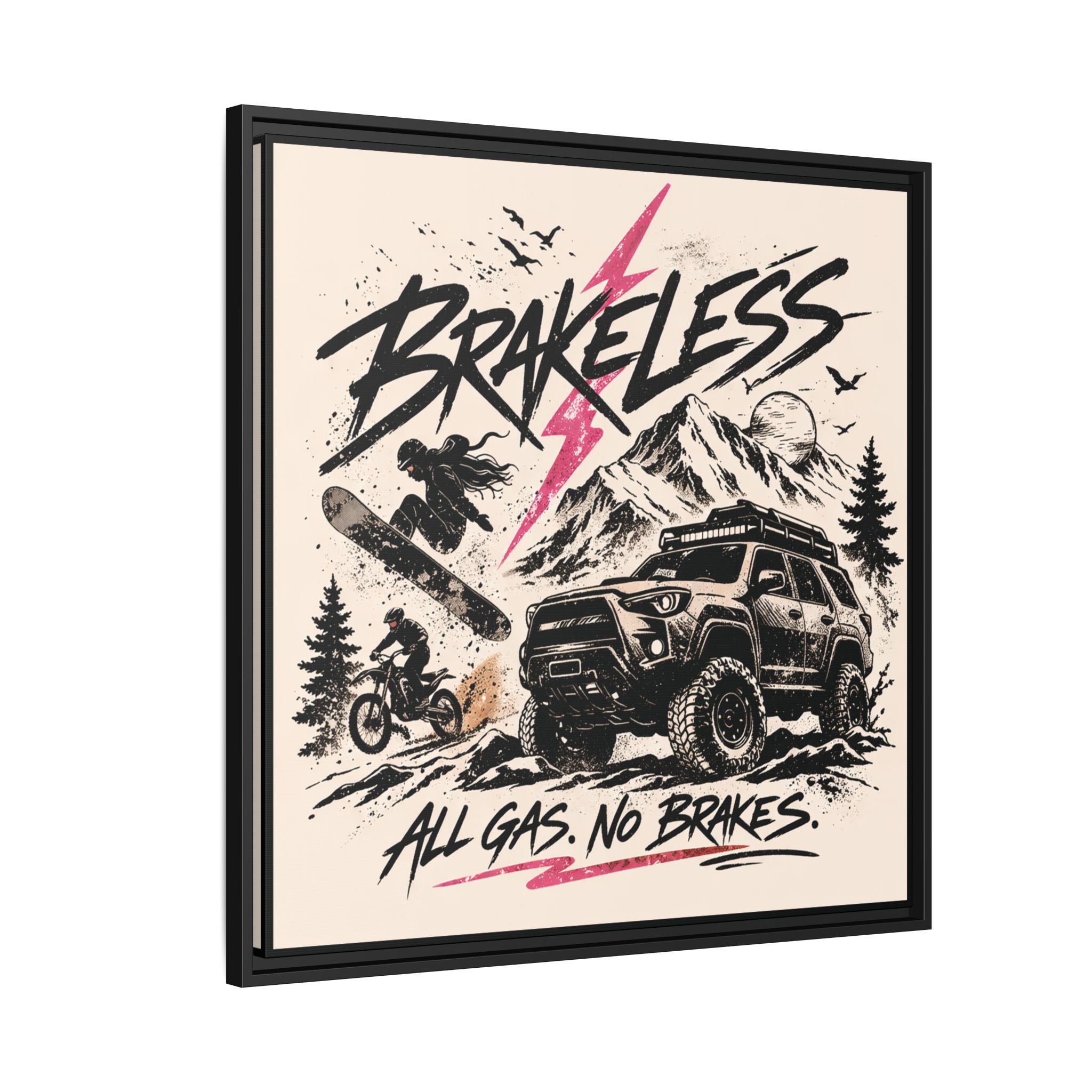 BRAKELESS ADRENALINE BABE Framed Matte Canvas – "Brakeless: All Gas, No Brakes" Off‑Road Adventure Print