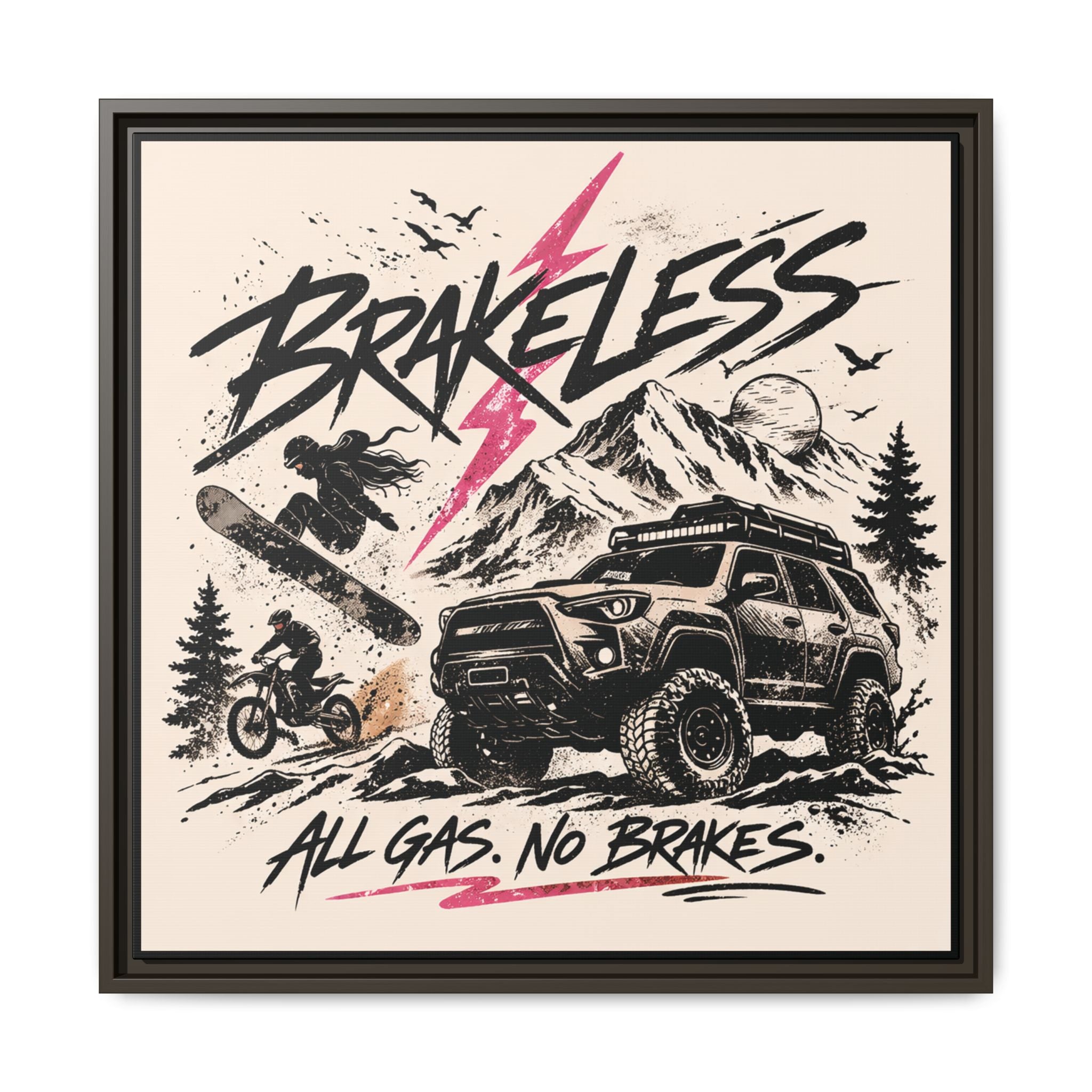 BRAKELESS ADRENALINE BABE Framed Matte Canvas – "Brakeless: All Gas, No Brakes" Off‑Road Adventure Print