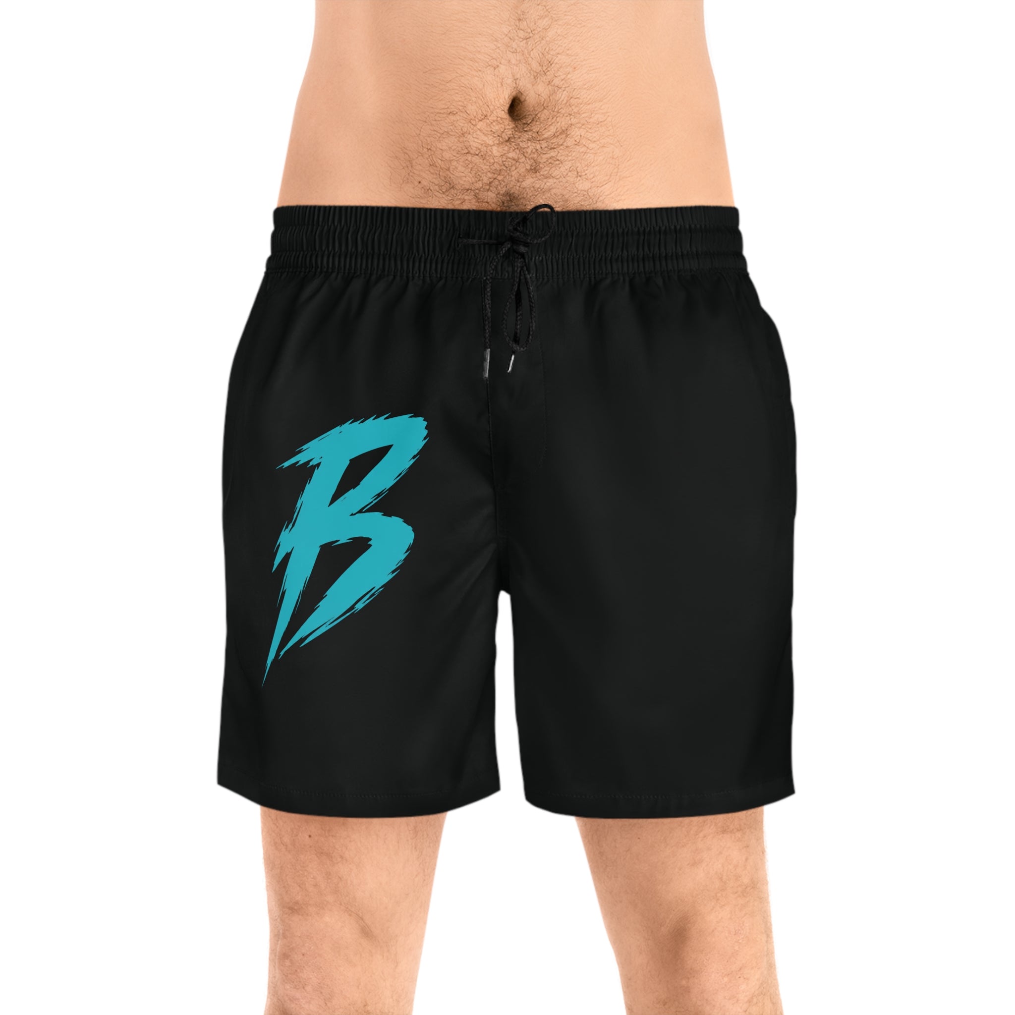 Men's Black 'B' —  Mid-Length Beach Trunks