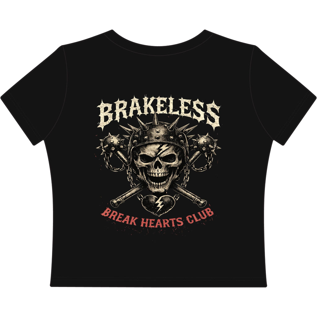 BRAKELESS CLOTHING "Break Hearts Club" Women's Baby Tee - Skull Biker Graphic Crop Top