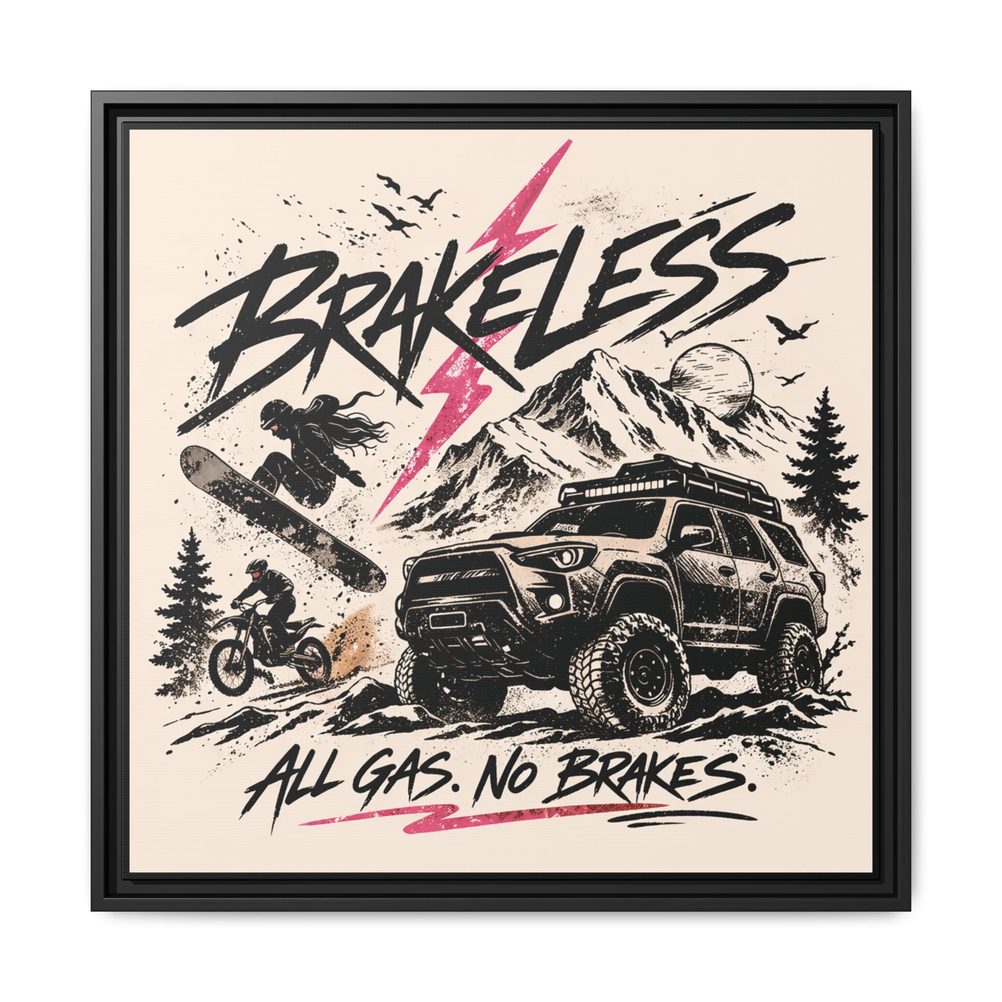 BRAKELESS ADRENALINE BABE Framed Matte Canvas – "Brakeless: All Gas, No Brakes" Off‑Road Adventure Print