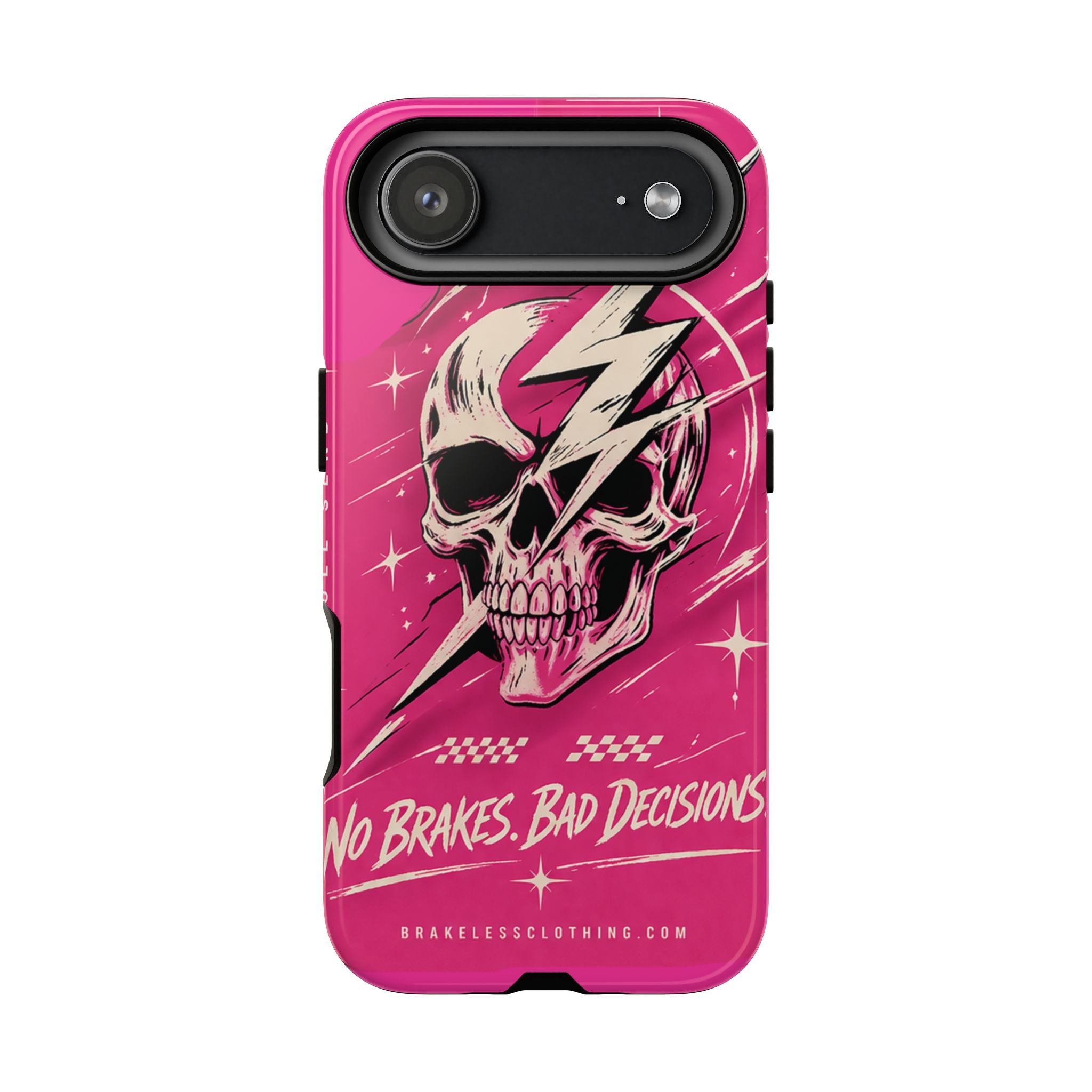 Pink Lightning Skull Phone Case – “No Brakes, Bad Decisions” Protective Cover