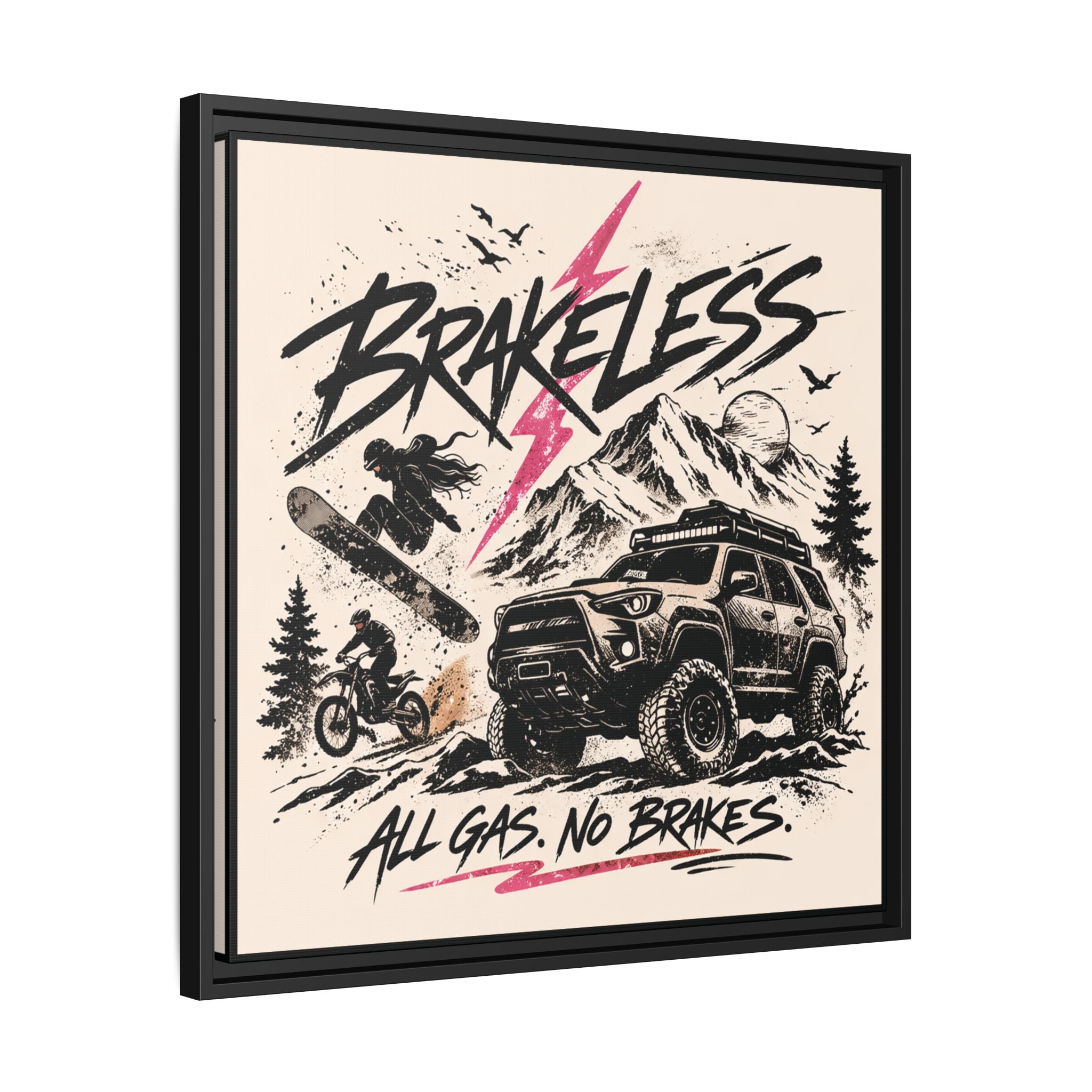 BRAKELESS ADRENALINE BABE Framed Matte Canvas – "Brakeless: All Gas, No Brakes" Off‑Road Adventure Print