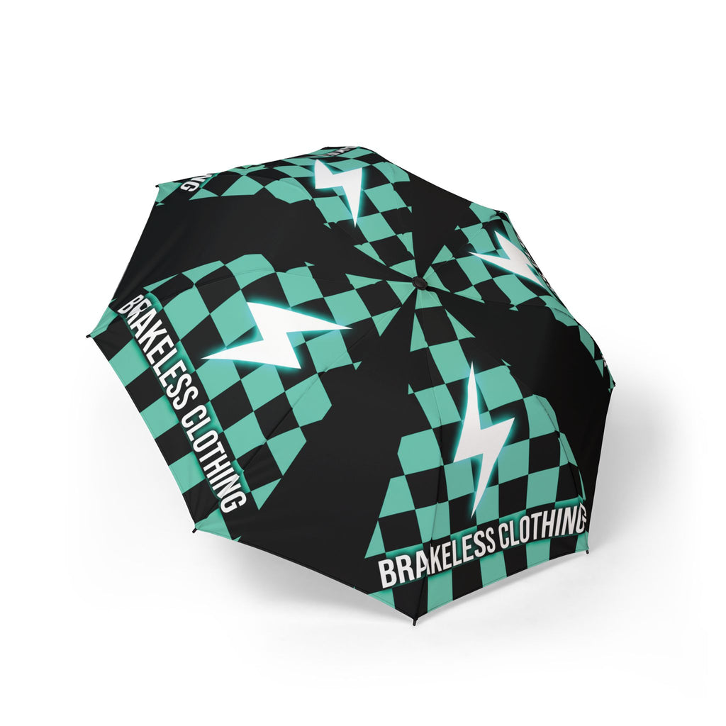Foldable Umbrella — Brakeless Clothing Teal Checker Lightning Print, Semi-Automatic Compact Travel Umbrella