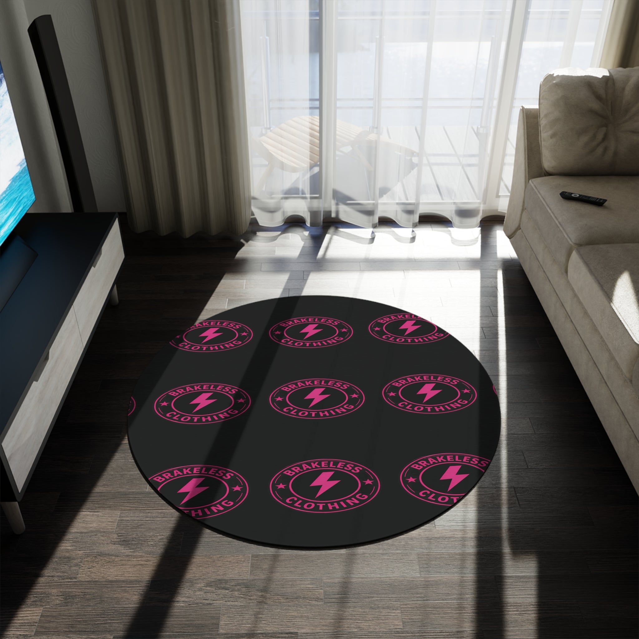 Black Round Rug with Pink 'Brakeless Clothing' Lightning Logo — Retro Punk Floor Mat