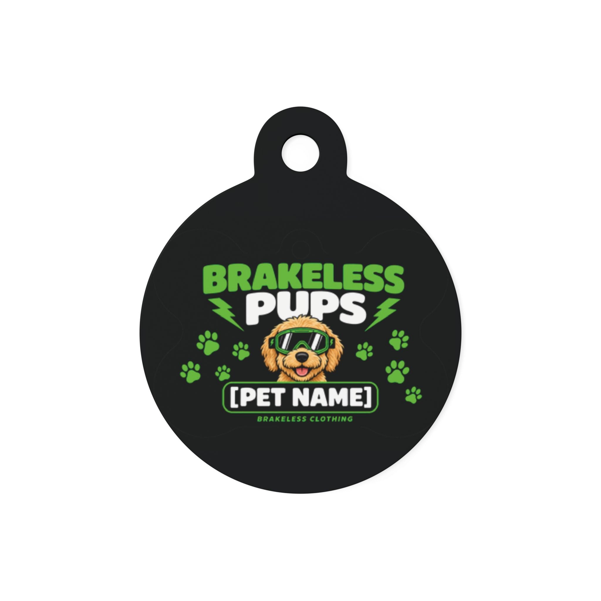 Brakeless Pups Personalized Bone Pet Tag — Custom Dog Name ID Tag - Green and Black