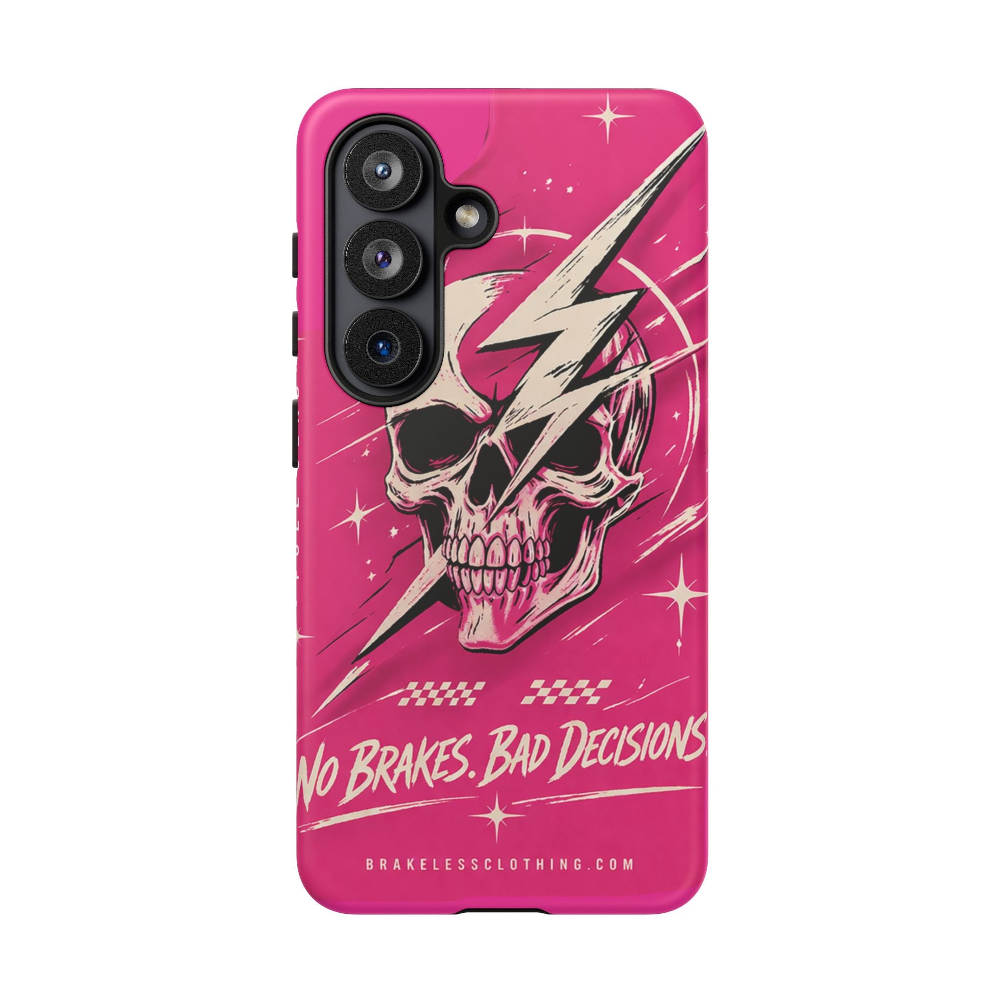 Pink Lightning Skull Phone Case – “No Brakes, Bad Decisions” Protective Cover