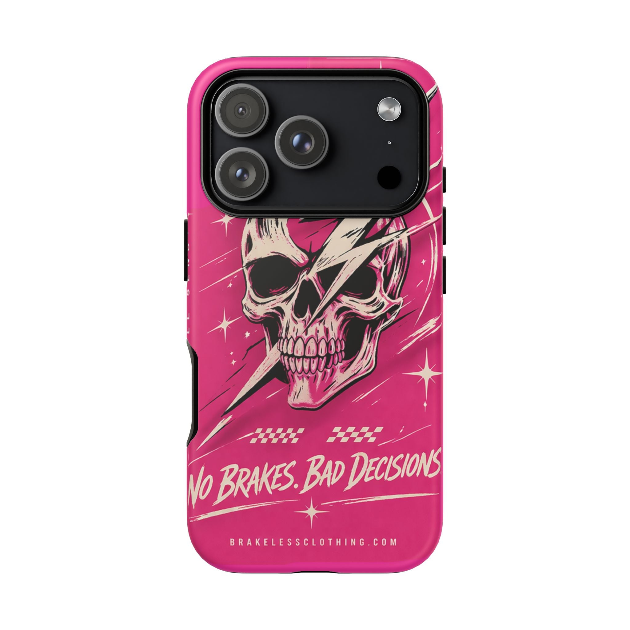 Pink Lightning Skull Phone Case – “No Brakes, Bad Decisions” Protective Cover