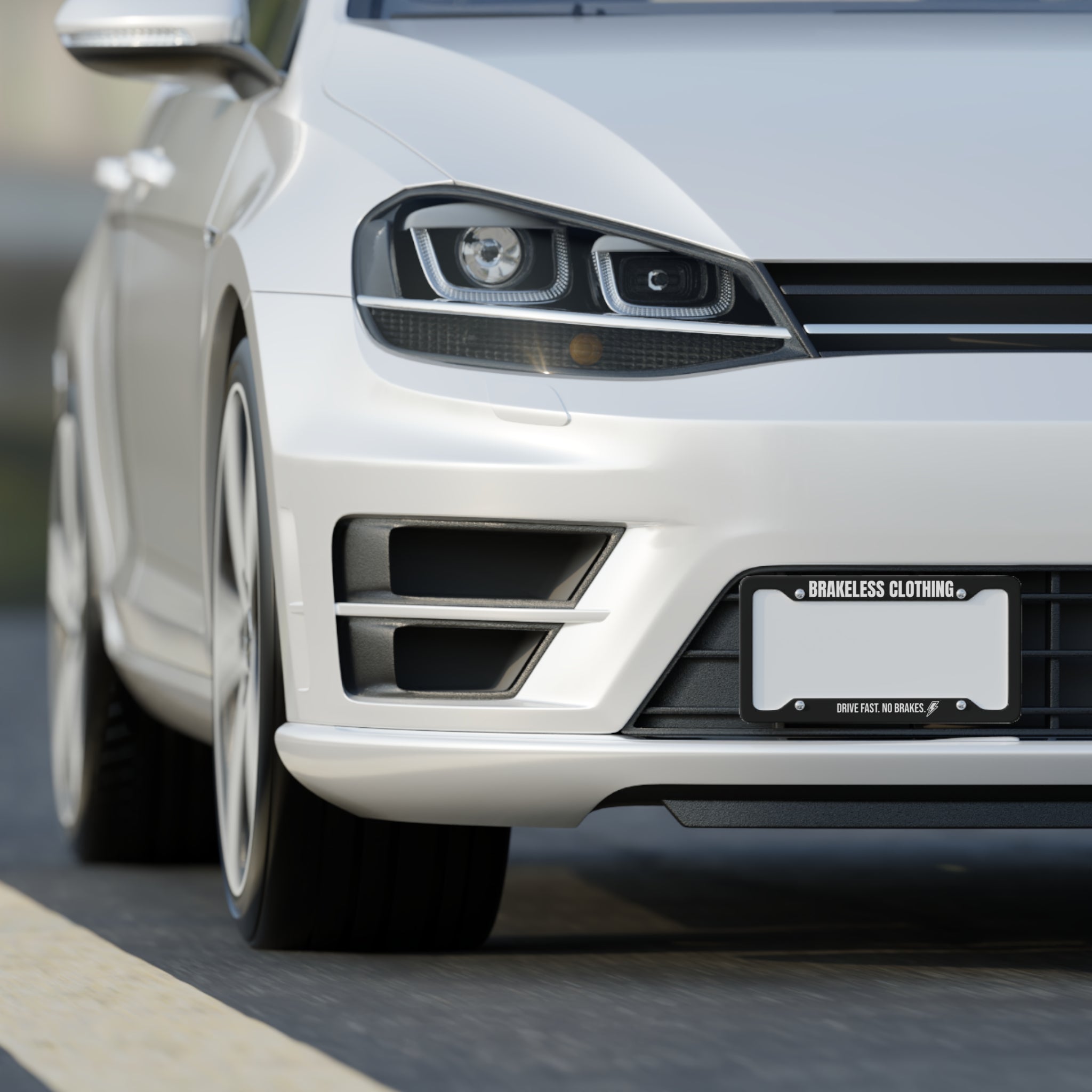 License Plate Frame — "Brakeless Clothing" Black Aluminum Car Frame, Drive Fast No Brakes