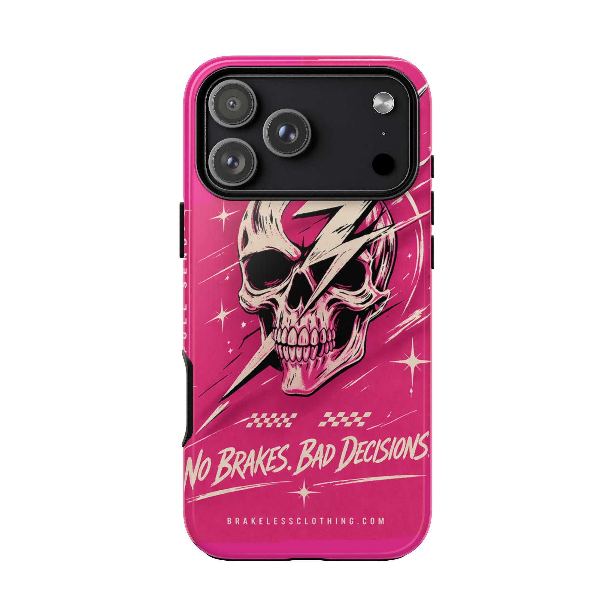 Pink Lightning Skull Phone Case – “No Brakes, Bad Decisions” Protective Cover