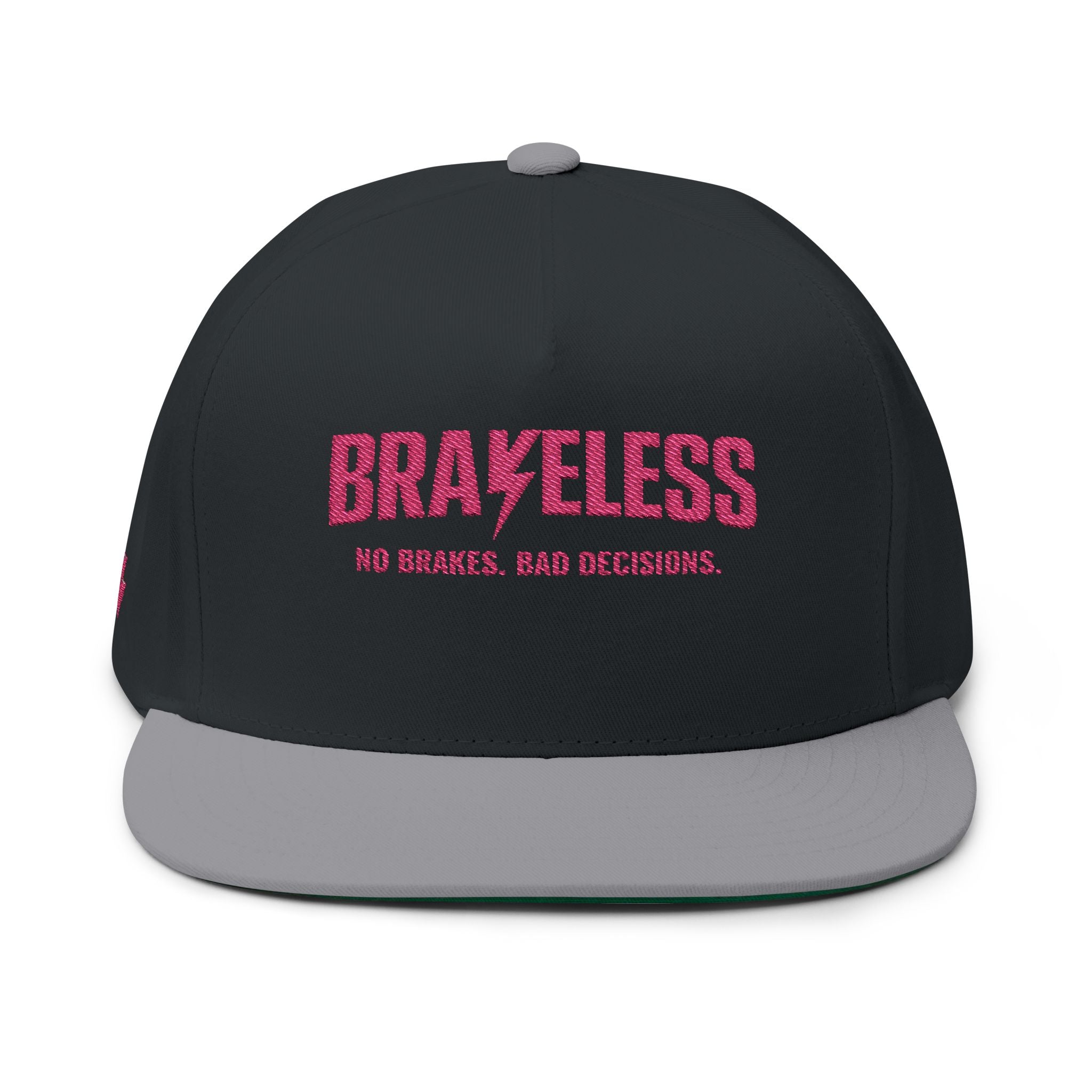 Brakeless Embroidered Flat Bill Cap — 'No Brakes, Bad Decisions'