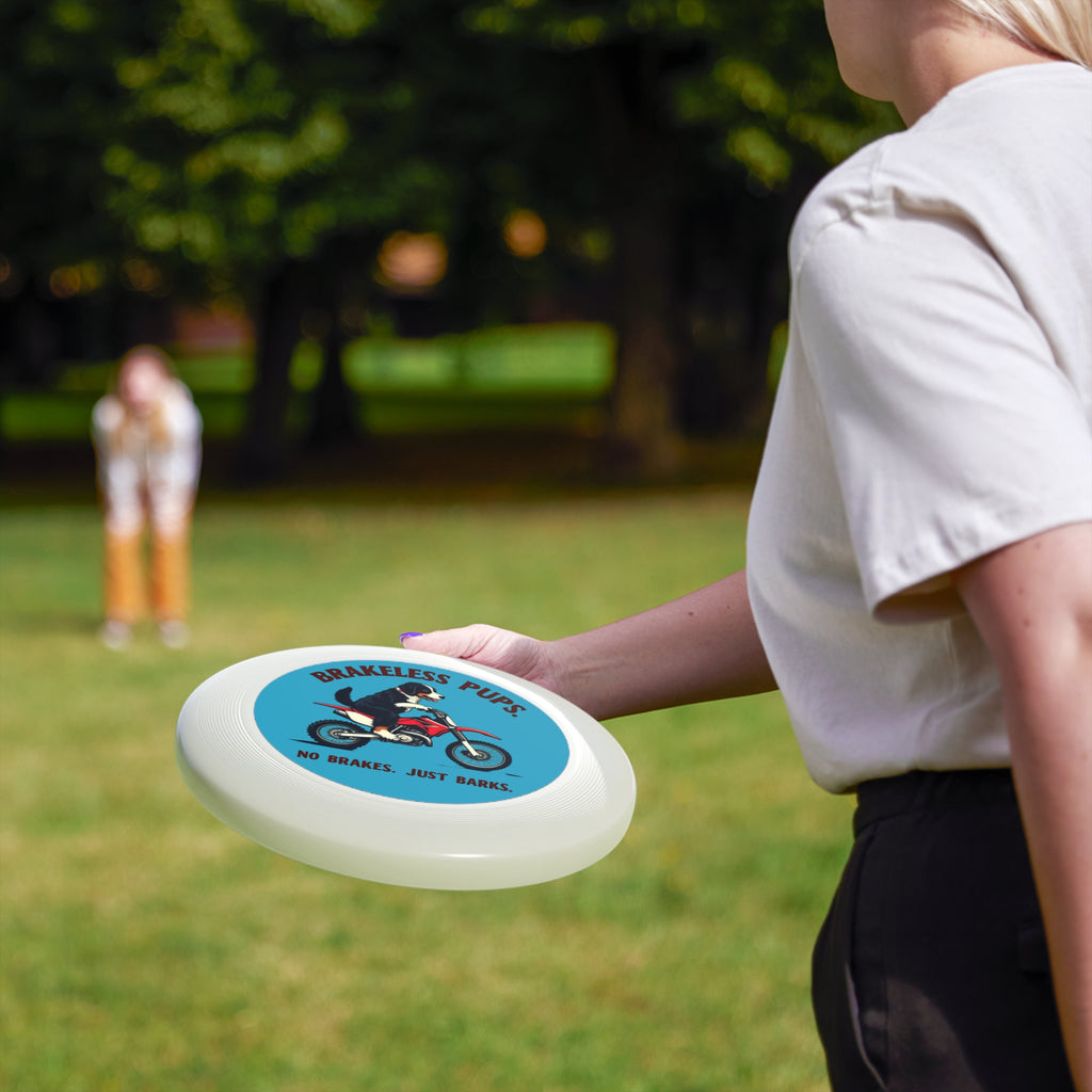 Brakeless Pups Frisbee — Funny Dog Motorcycle Disc, "No Brakes. Just Barks." Outdoor Toss Toy