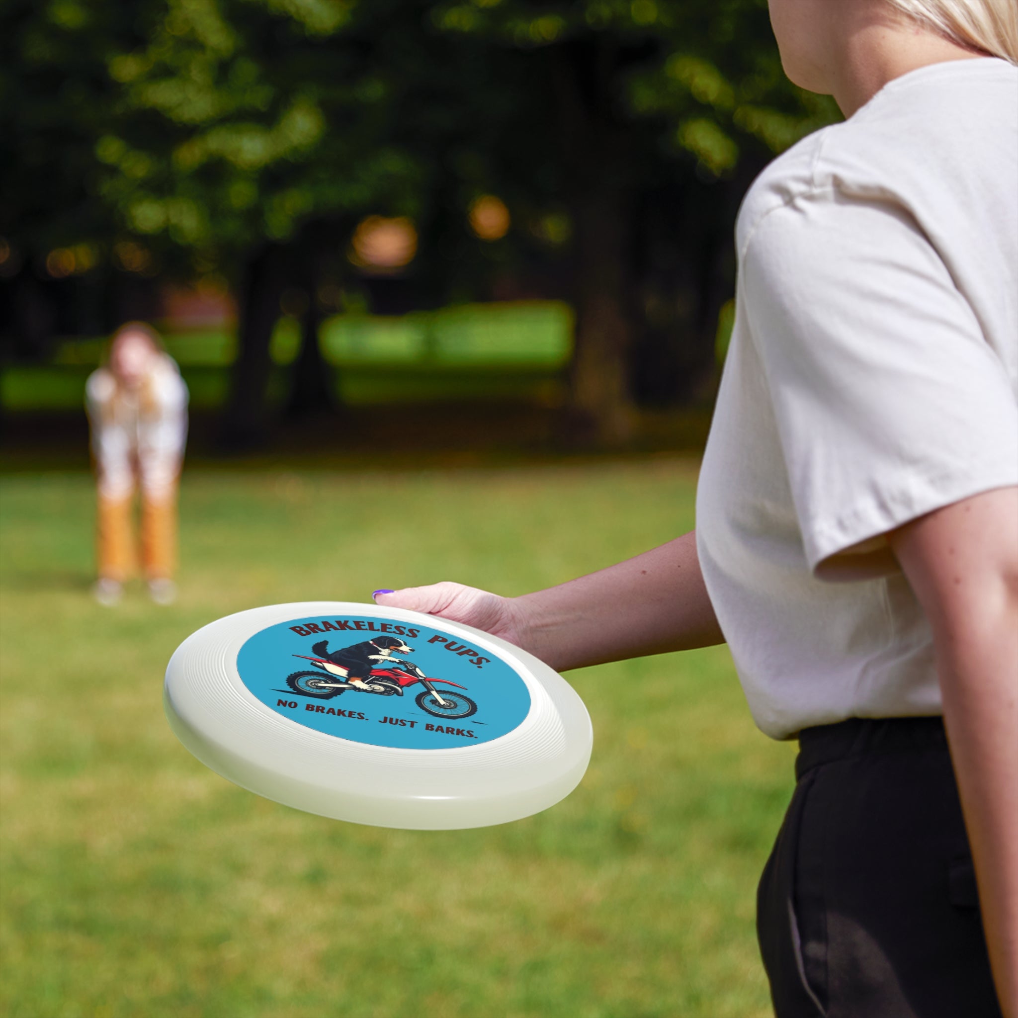 Brakeless Pups Frisbee — Funny Dog Motorcycle Disc, "No Brakes. Just Barks." Outdoor Toss Toy