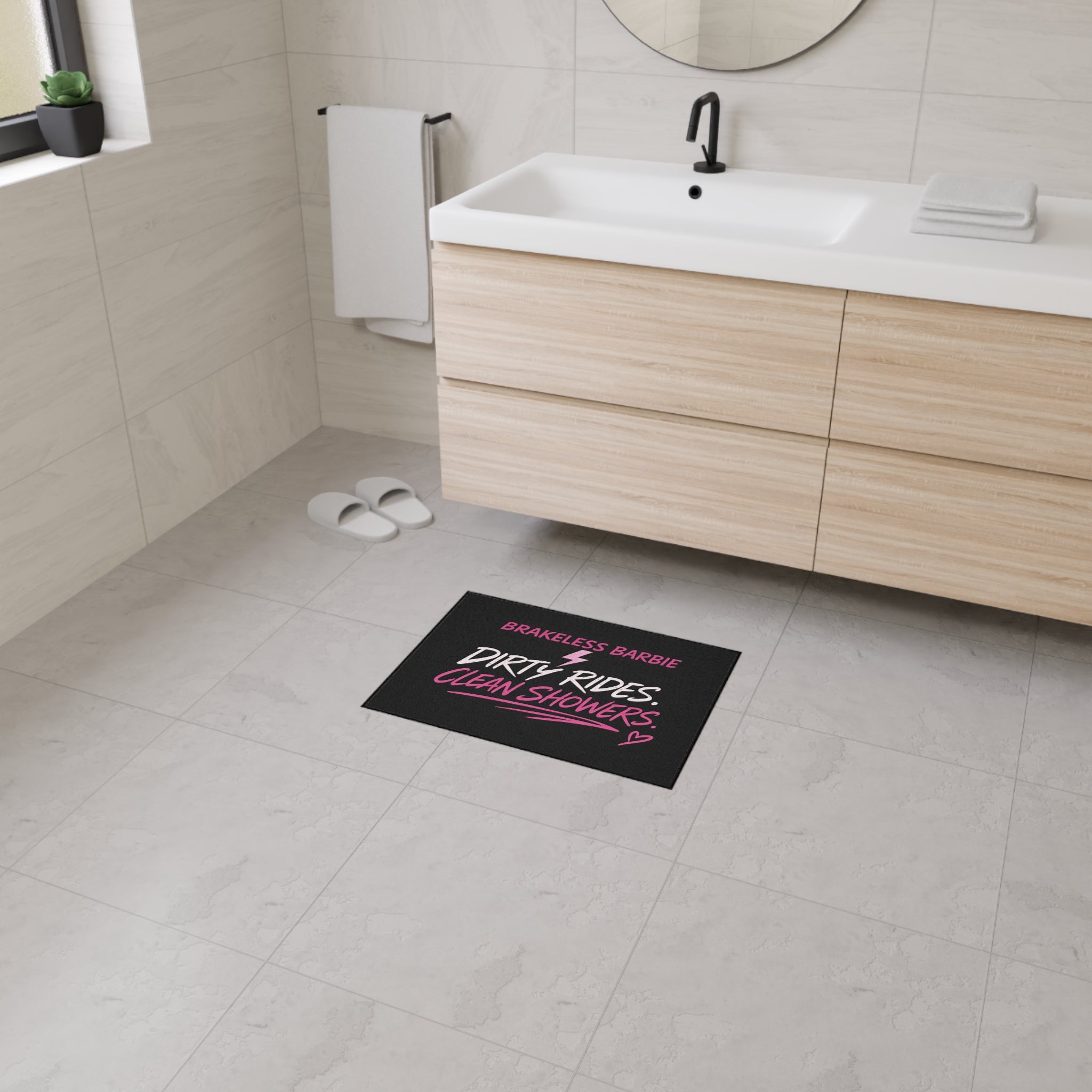 "Brakeless Barbie: Dirty Rides. Clean Showers." Heavy-Duty Floor Mat