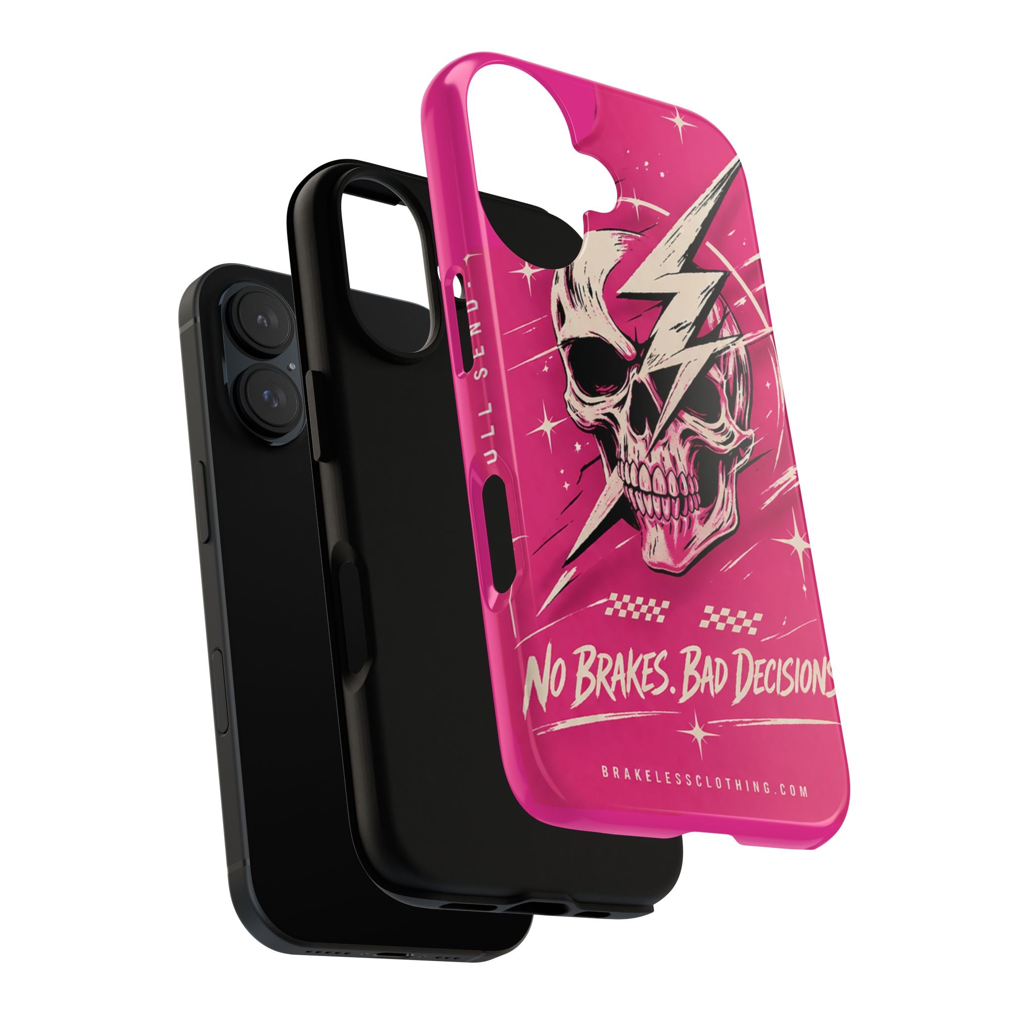 Pink Lightning Skull Phone Case – “No Brakes, Bad Decisions” Protective Cover