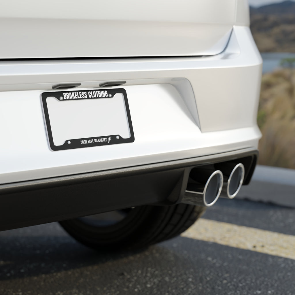 License Plate Frame — "Brakeless Clothing" Black Aluminum Car Frame, Drive Fast No Brakes