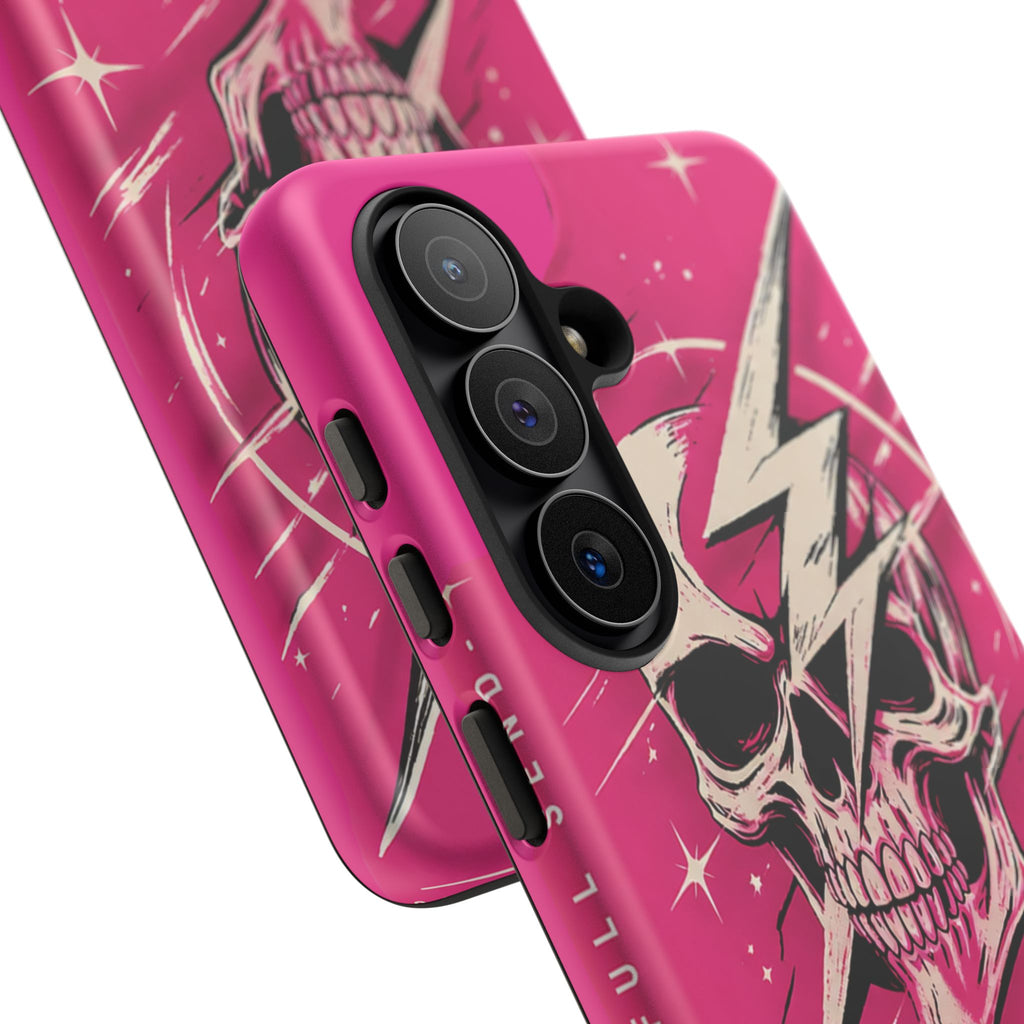 Pink Lightning Skull Phone Case – “No Brakes, Bad Decisions” Protective Cover