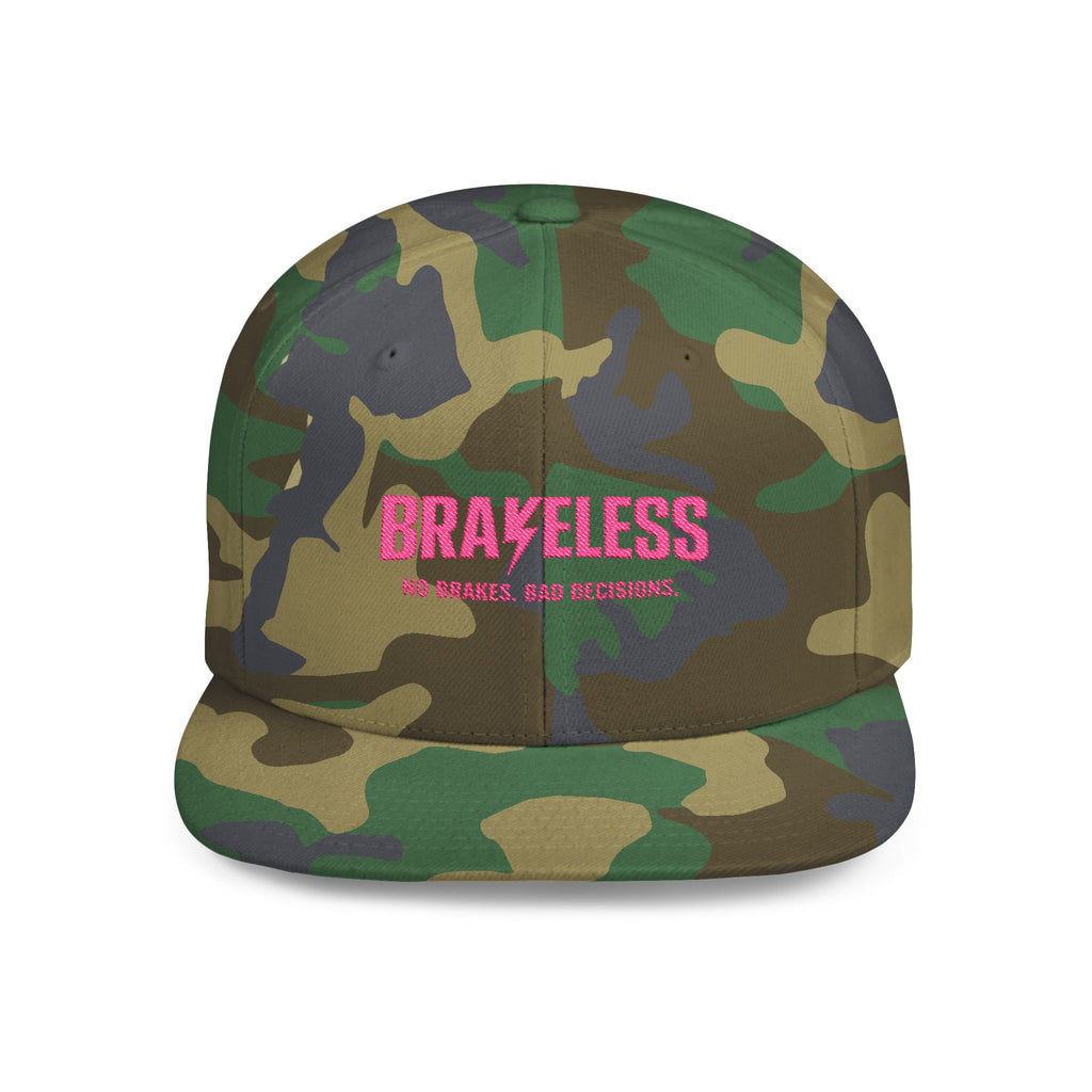 Camo Flat Bill Snapback Hat — BRAVELESS Pink Embroidered Slogan