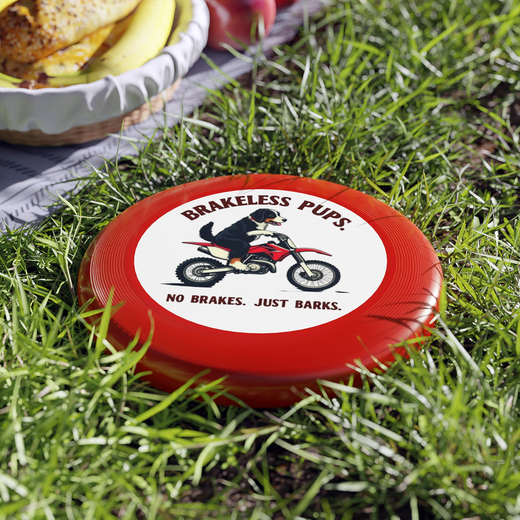 Brakeless Pups Frisbee — Funny Dog Motorcycle Disc, "No Brakes. Just Barks." Outdoor Toss Toy