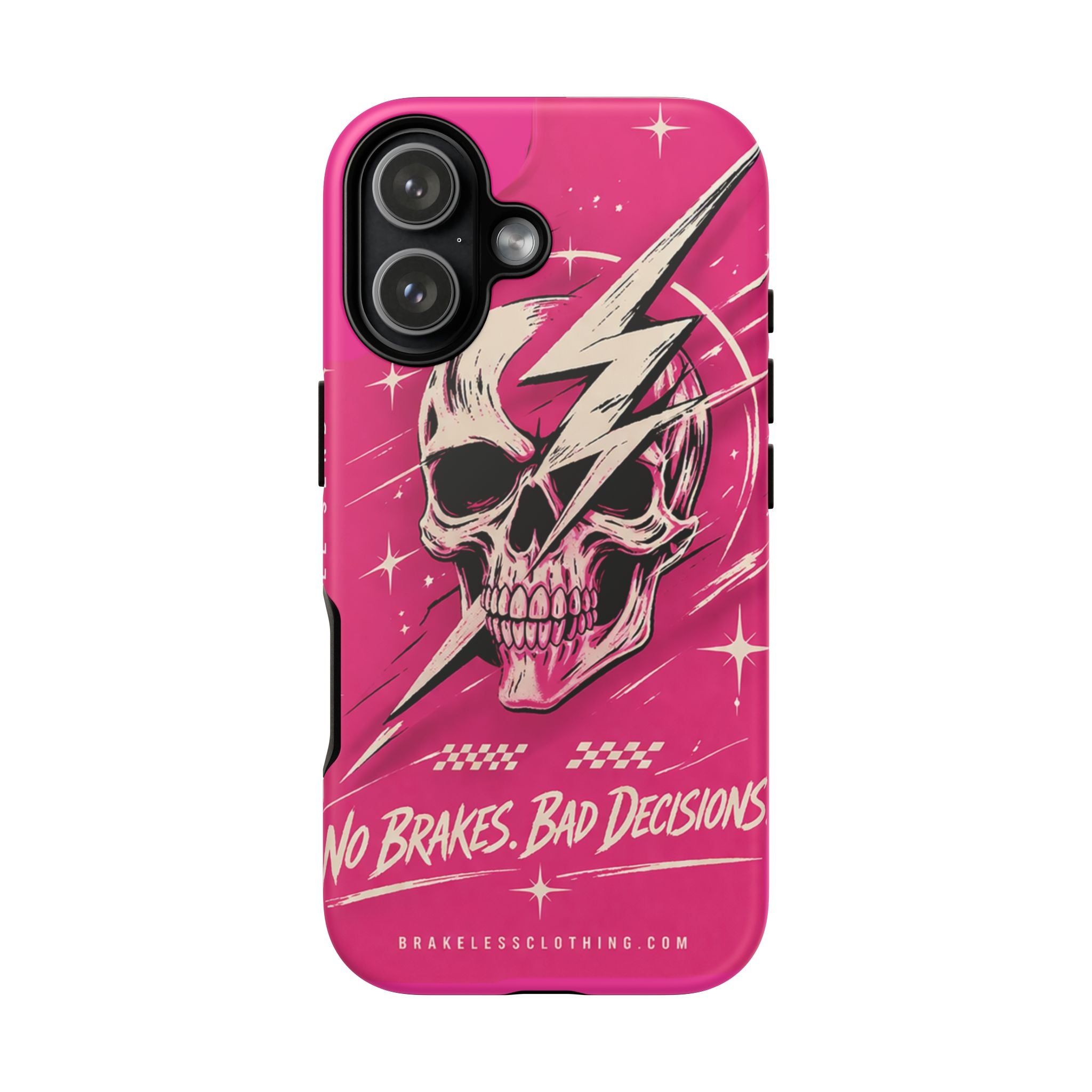 Pink Lightning Skull Phone Case – “No Brakes, Bad Decisions” Protective Cover