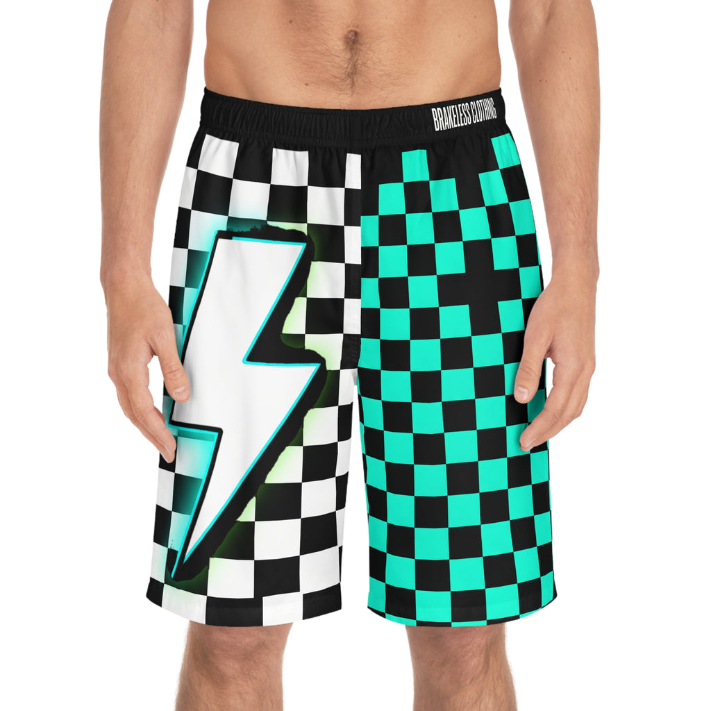Checkerboard Lightning Board Shorts - Turquoise Black Skate Beach Swim Trunks