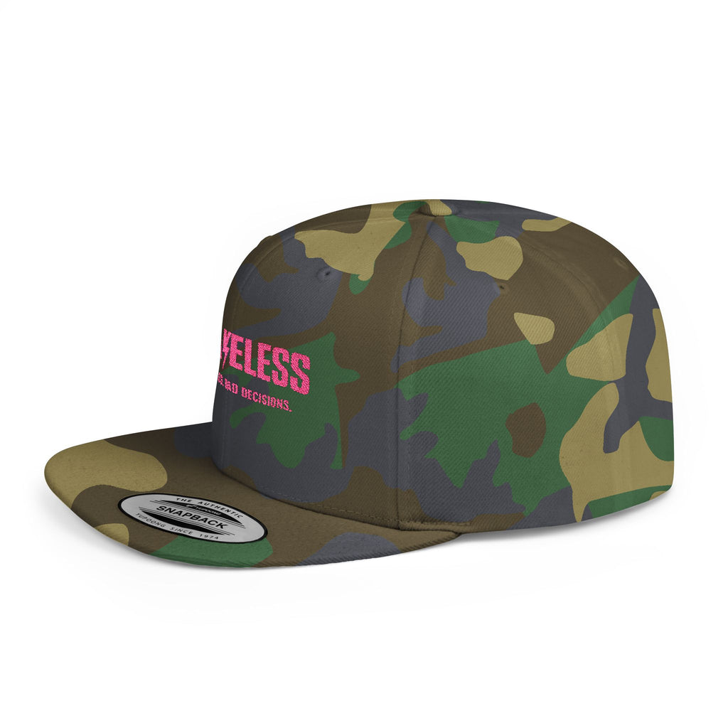 Camo Flat Bill Snapback Hat — BRAVELESS Pink Embroidered Slogan