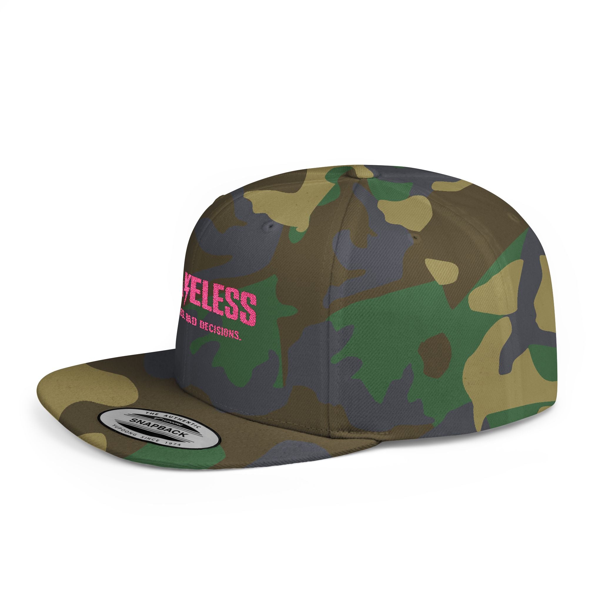 Camo Flat Bill Snapback Hat — BRAVELESS Pink Embroidered Slogan